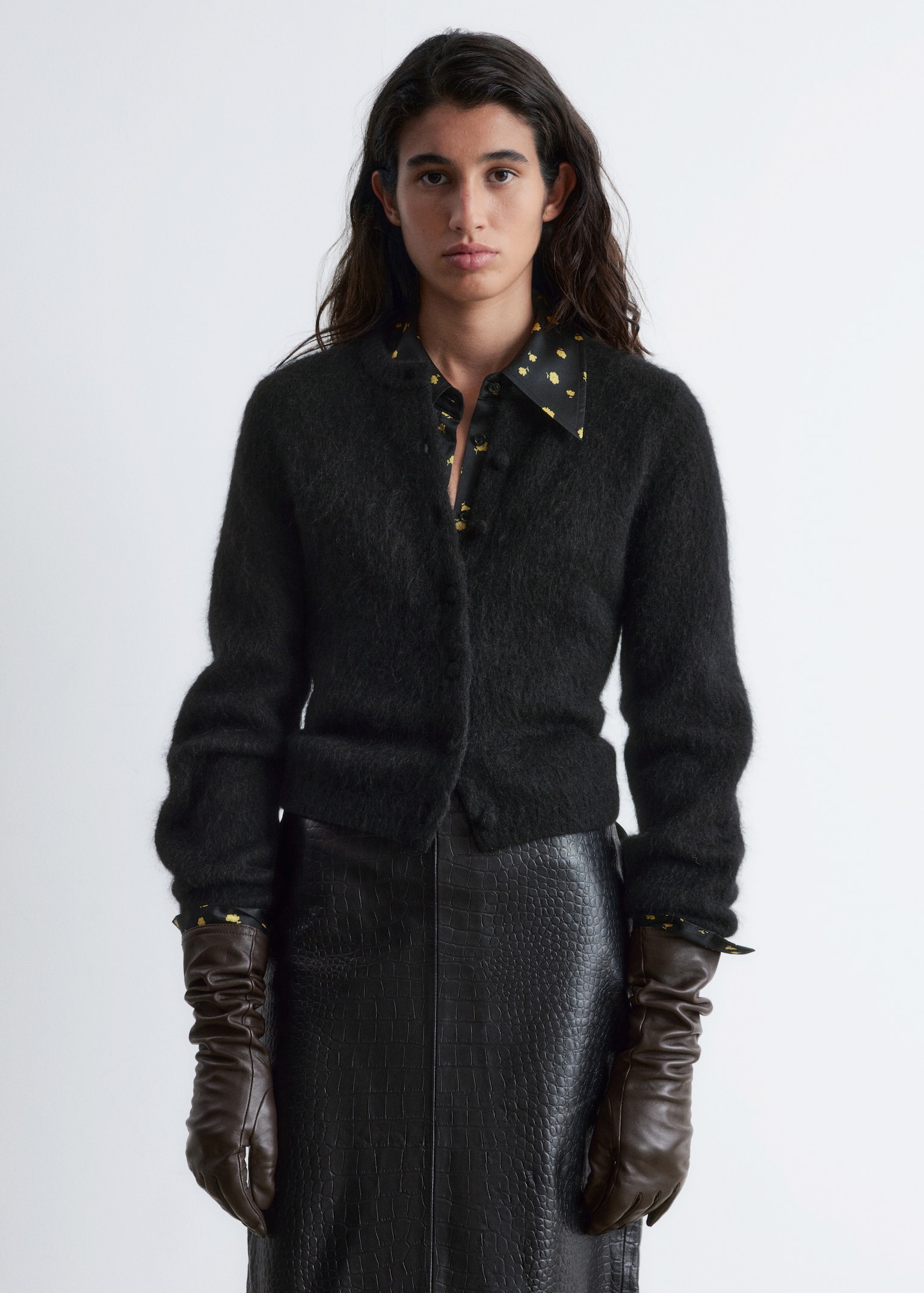 Brushed Knitted Cardigan - Μαύρο/Κόκκινο/Καφέ