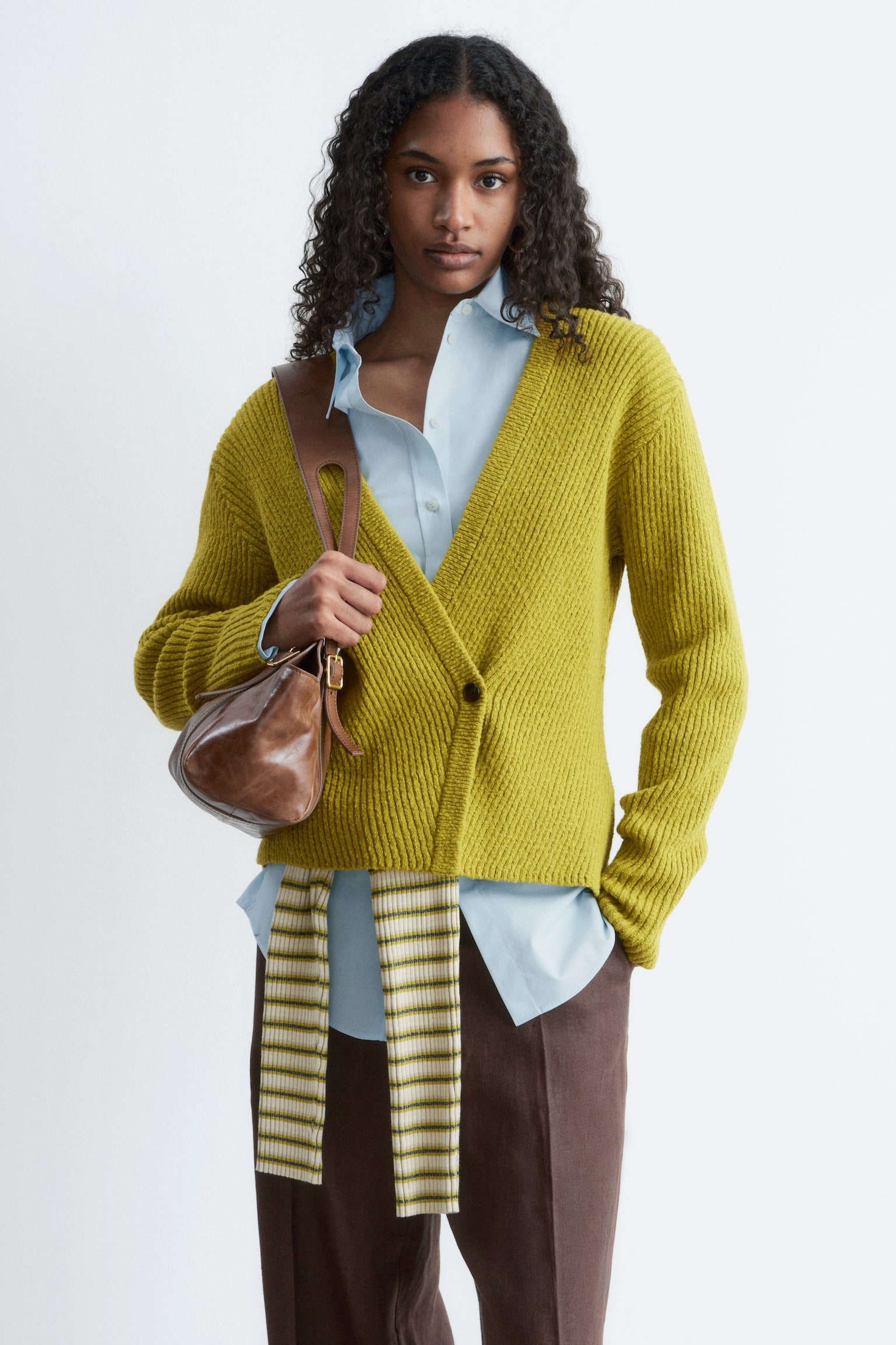 Rippstrickjacke aus Baumwolle - Chartreuse/Weiß/Grau - 1