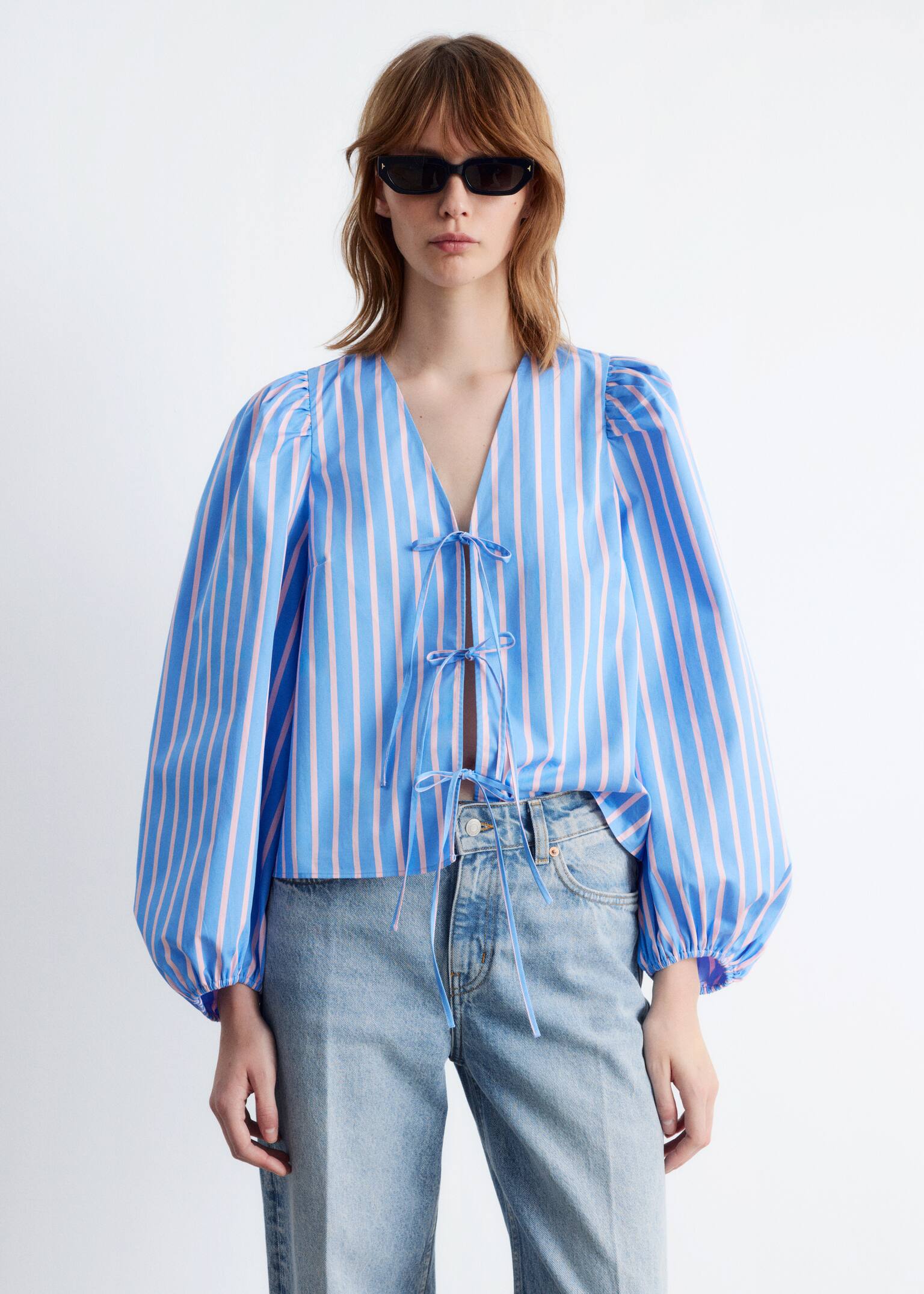 Tie-Front Blouse - Blue/Pink Stripes/White