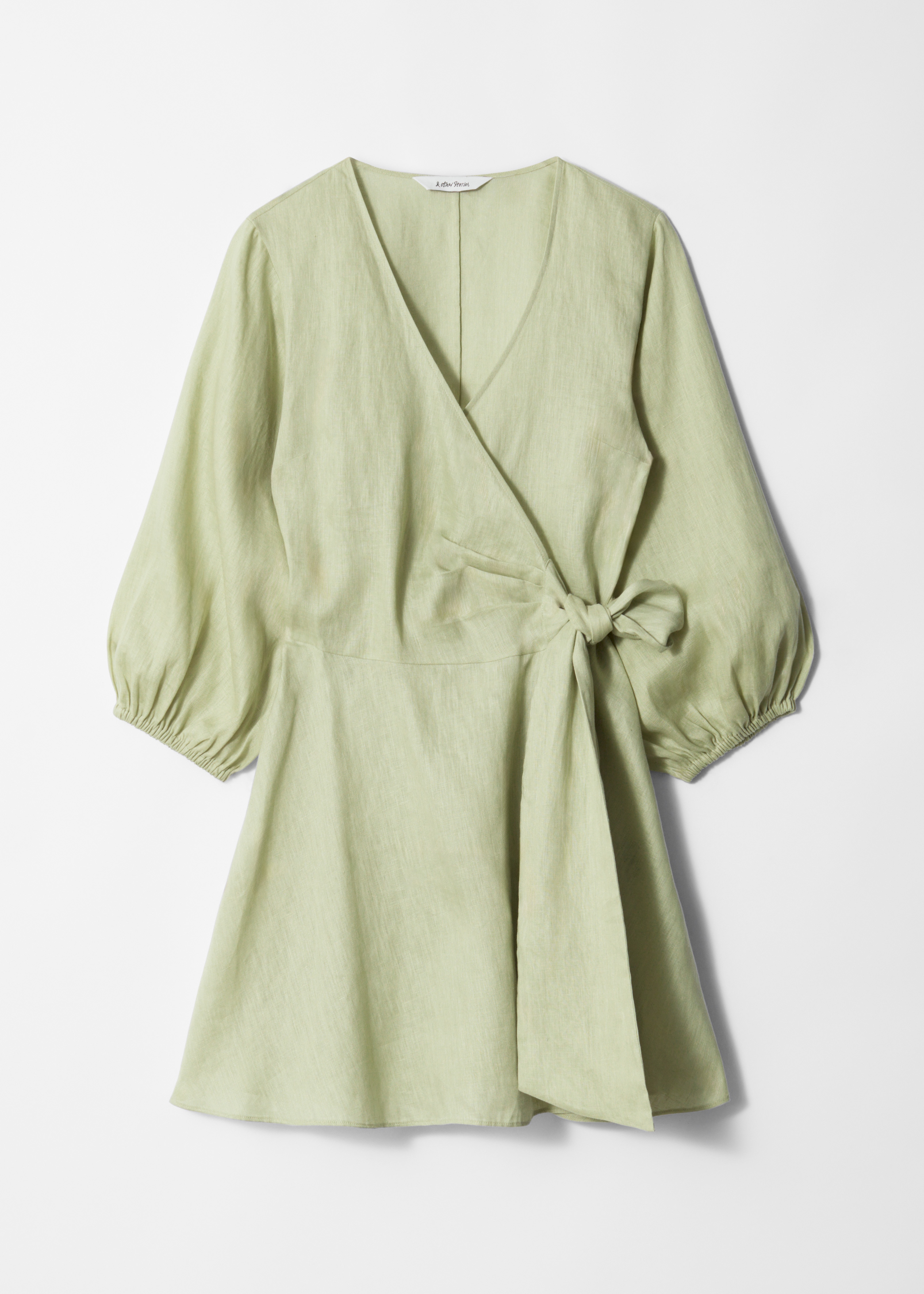 Linen Wrap Mini Dress - Light Green/Black