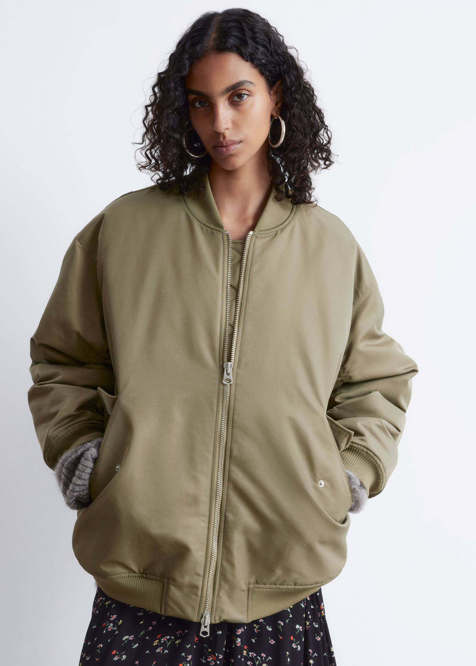 Dlhá Bomber Bunda - Khaki zelená - 8