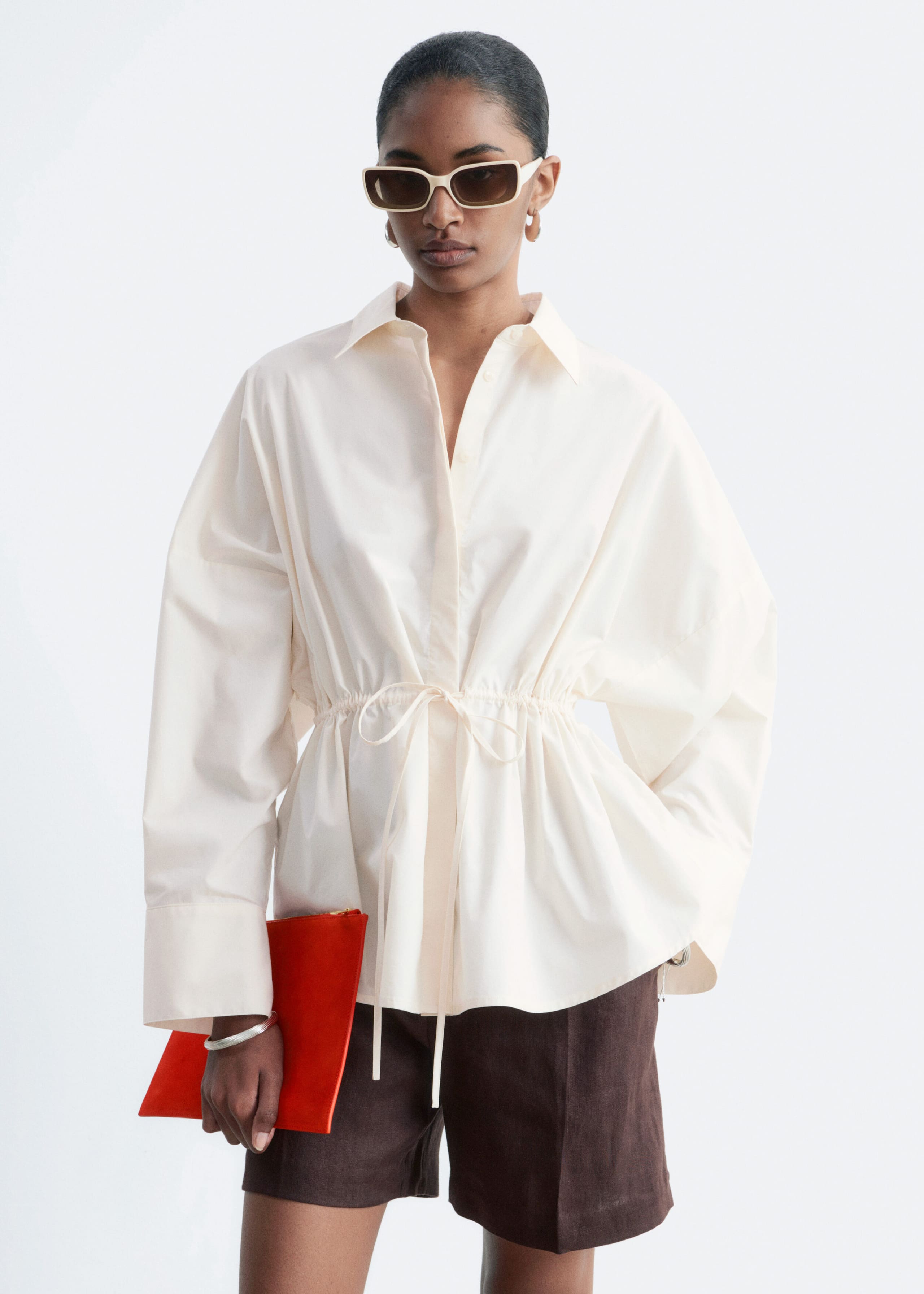 Cotton Poplin Drawstring Shirt - Off White - Lookbook
