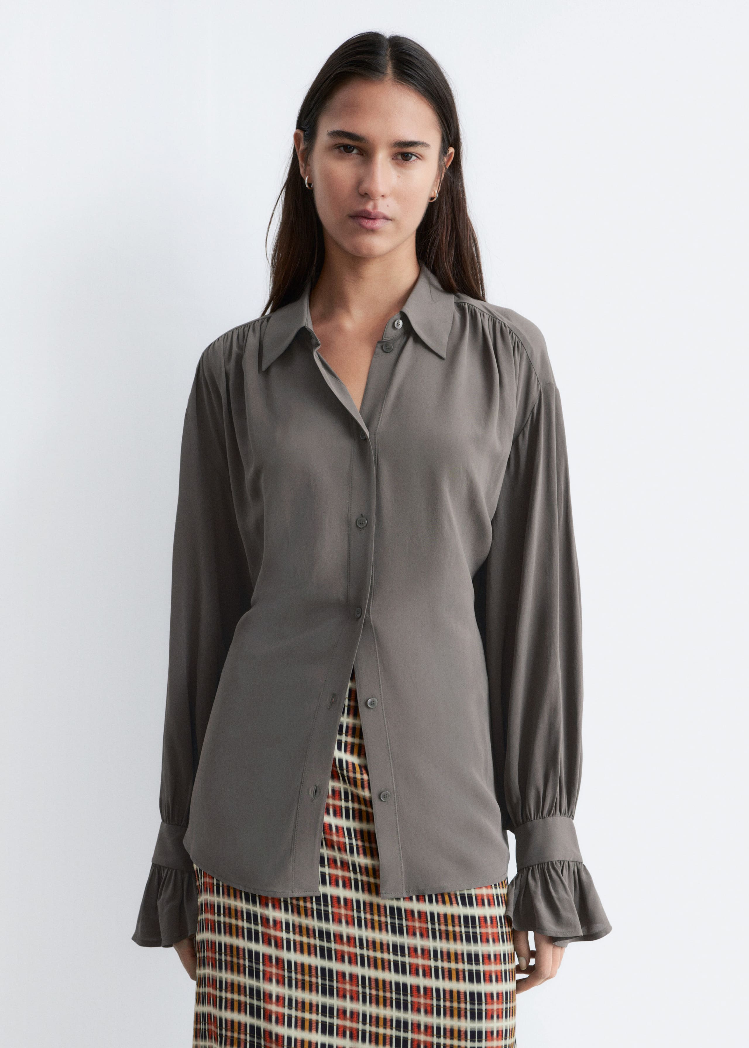 Tie-Back Gathered Blouse - Beige - Lookbook