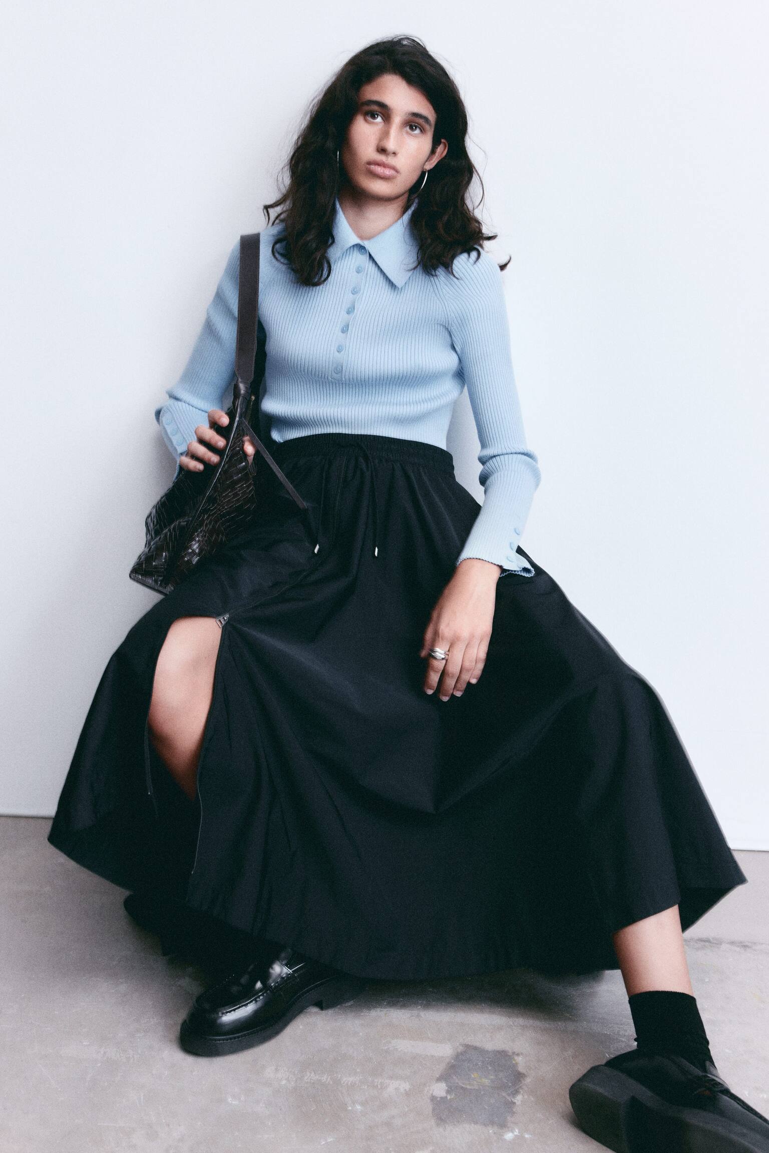 Polo en maille côtelée - Bleu clair/Brun caramel - 4