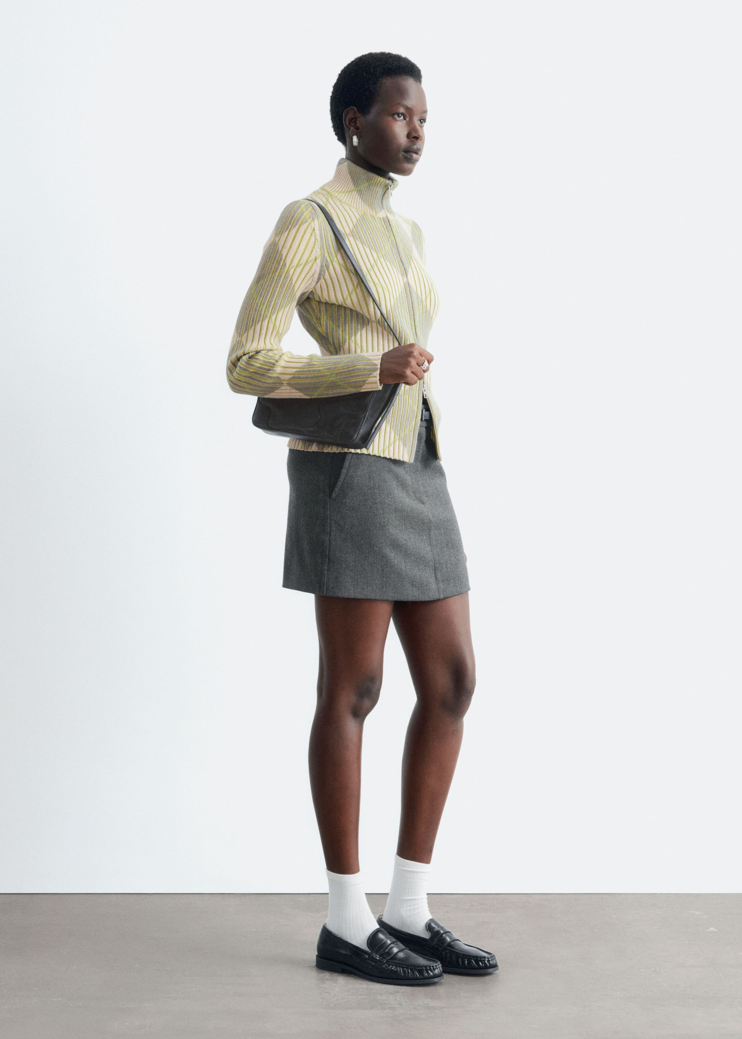Wool-Cotton Zip Cardigan - Beige/Green/Checked - Lookbook
