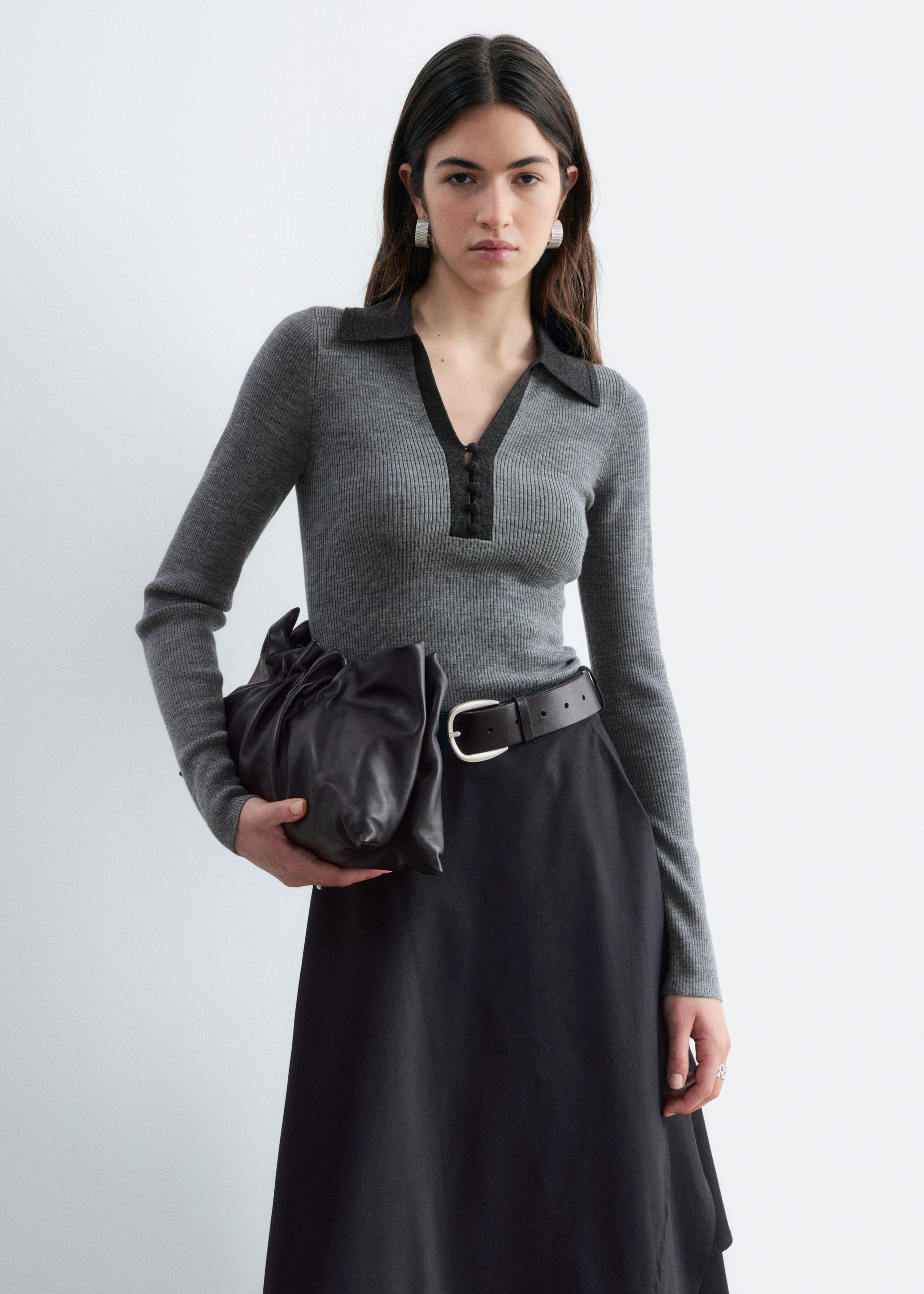 Button-Detail Wool Top - Dark Brown - Lookbook