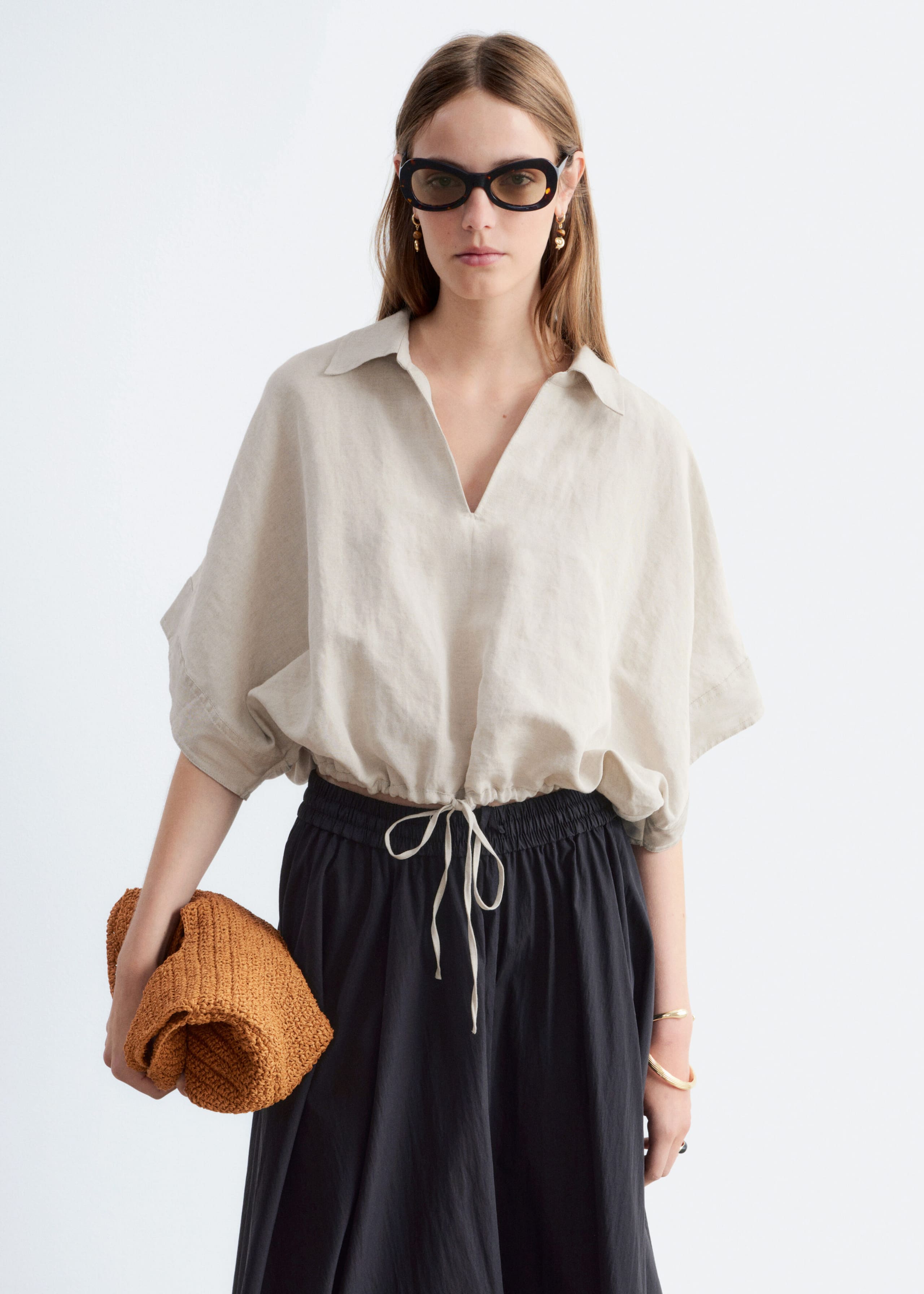 Drawstring Cropped Top - Beige - Lookbook