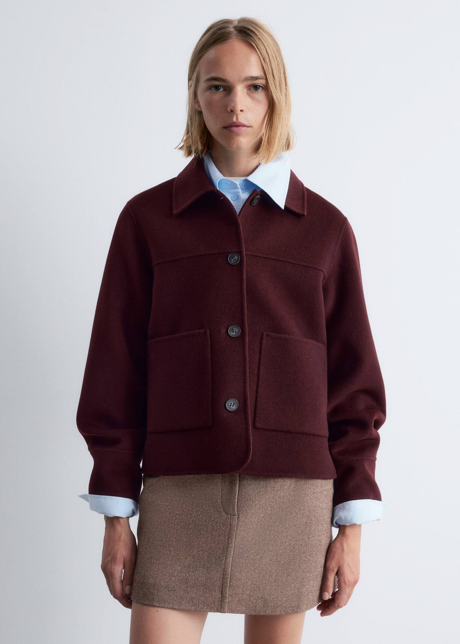 Wolljacke mit Kragen - Dunkelrot/Grau - 1