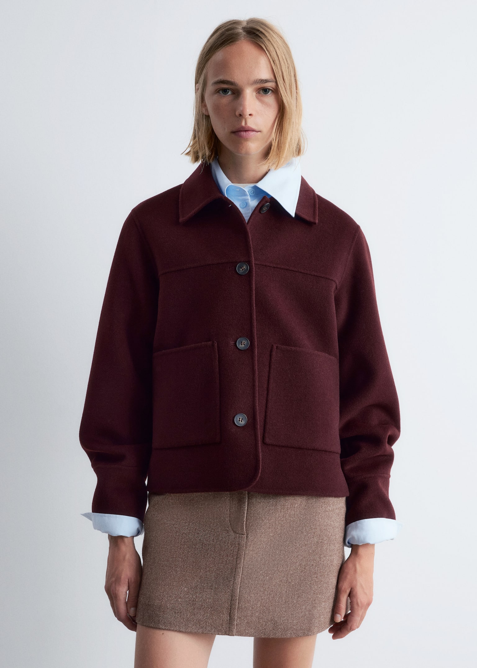 Giacca in lana con colletto - Rosso scuro/Grigio