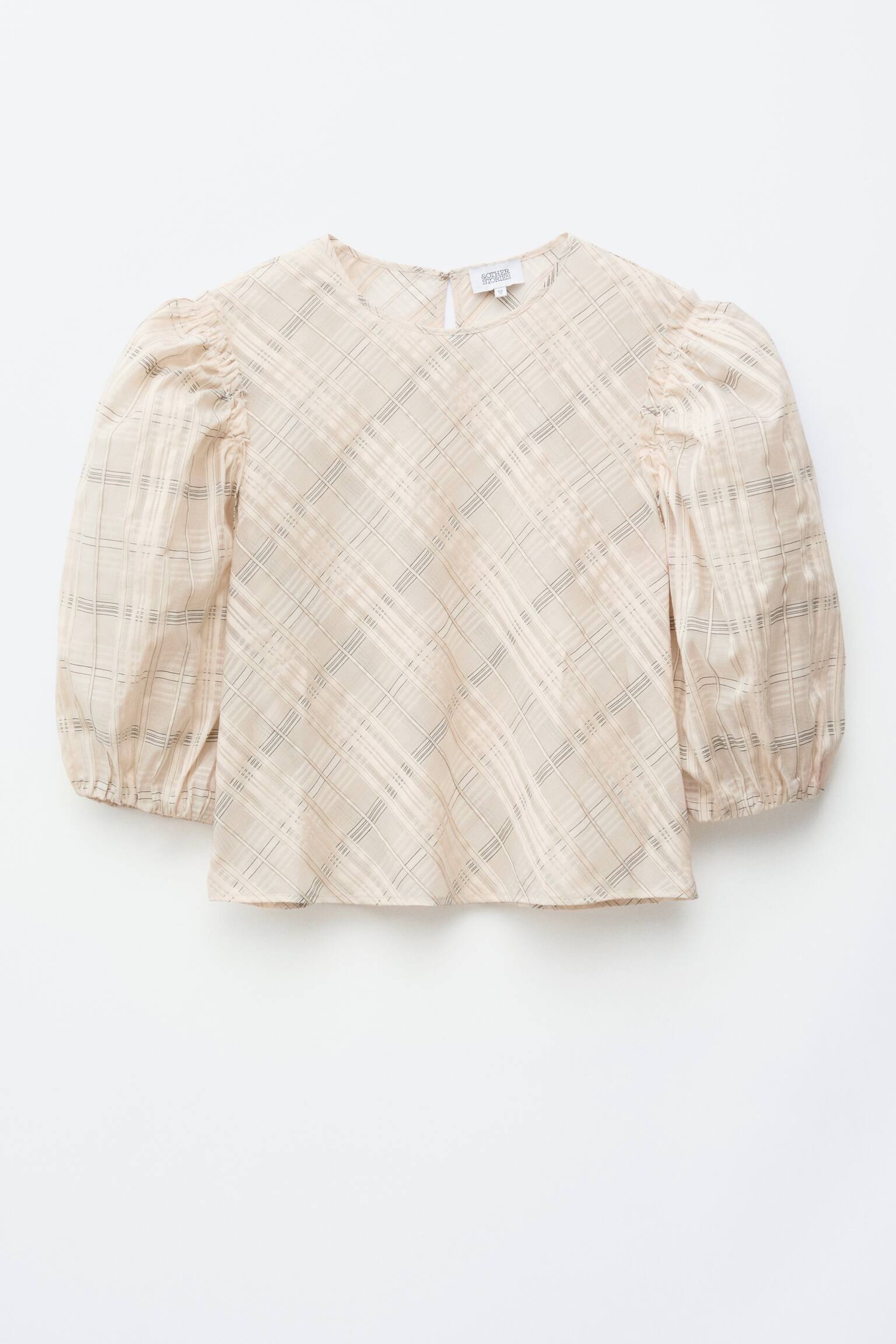 Blusa de jacquard con mangas globo - Beige/tartán
