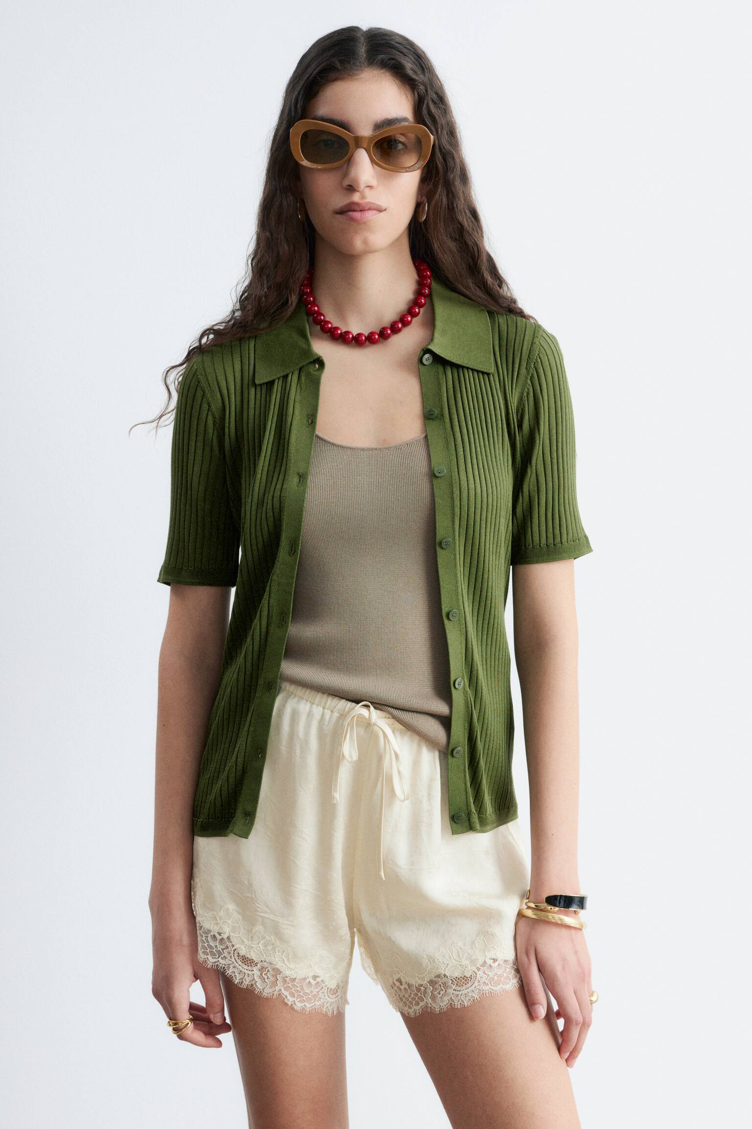 Mini calções jacquard com painel de renda - Bege claro/Castanho escuro - 7