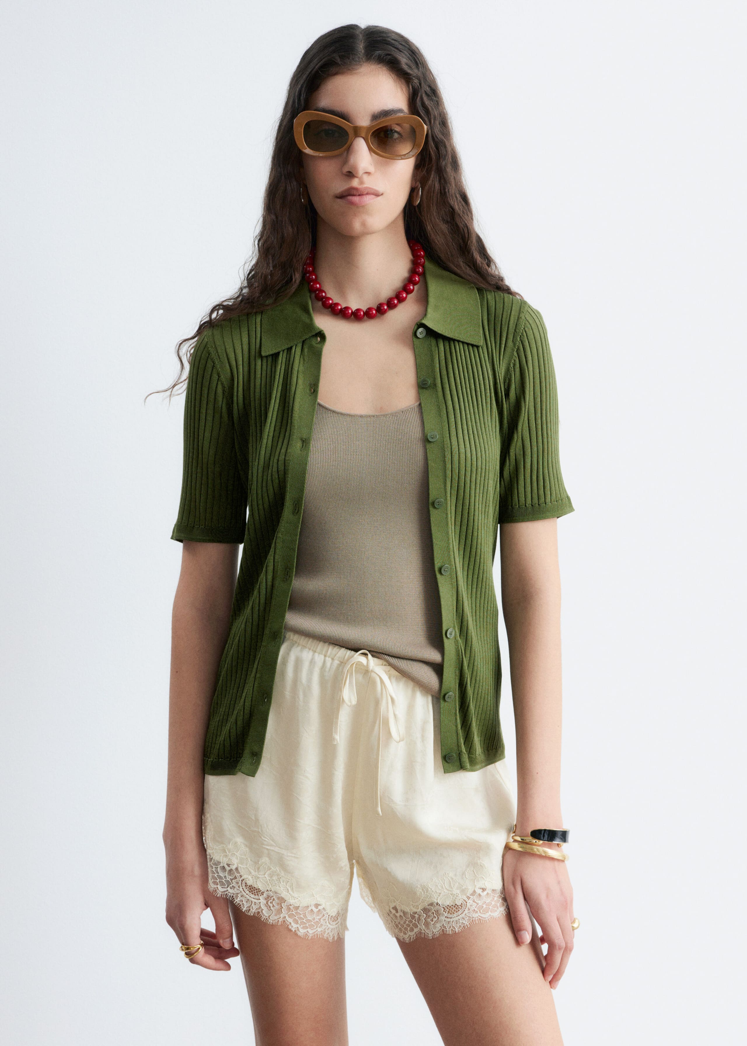 Short court jacquard à empiècement en dentelle - Beige clair - Lookbook