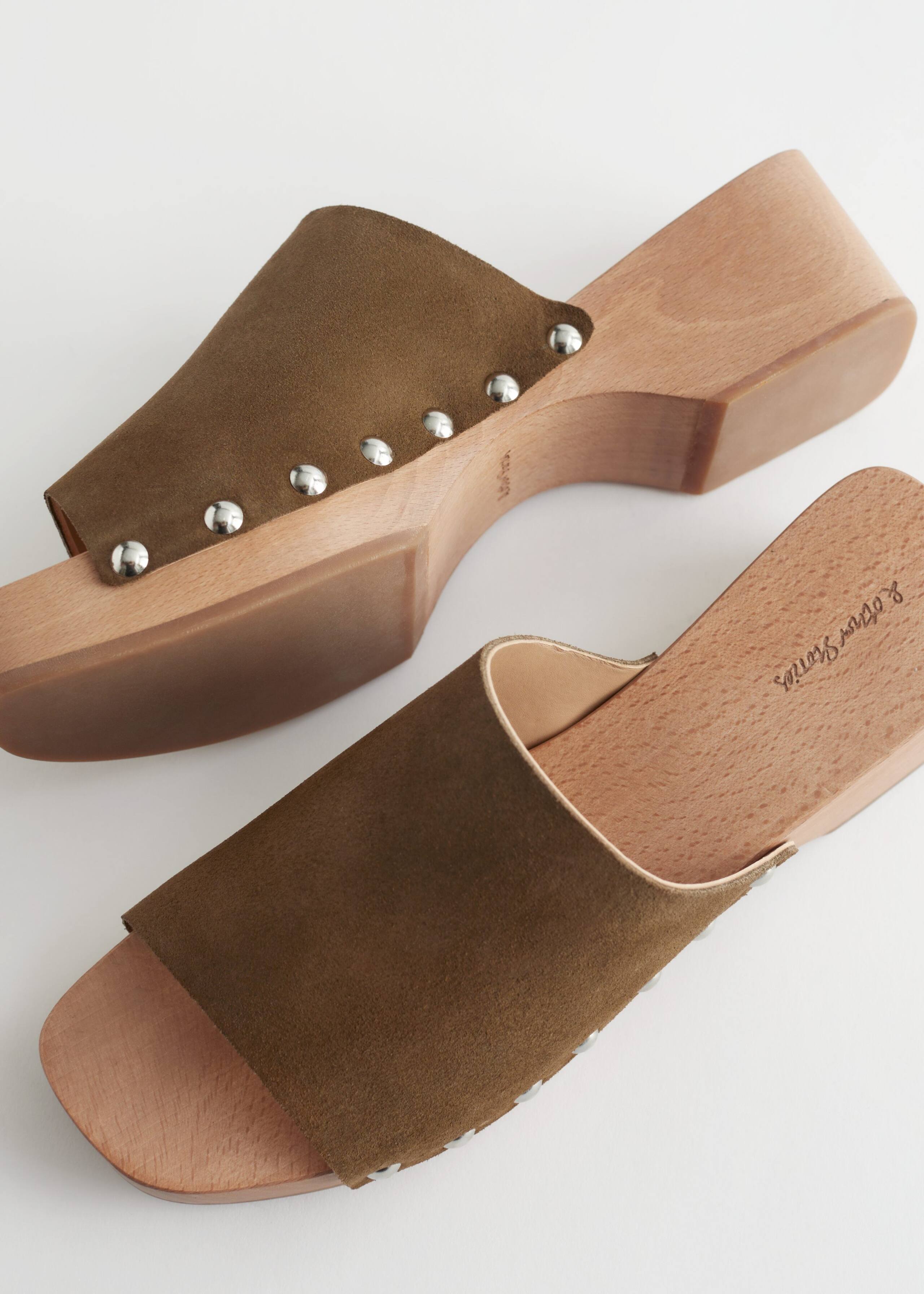 Studded Suede Wooden Clogs - {{variantName}} - Descriptive Detail