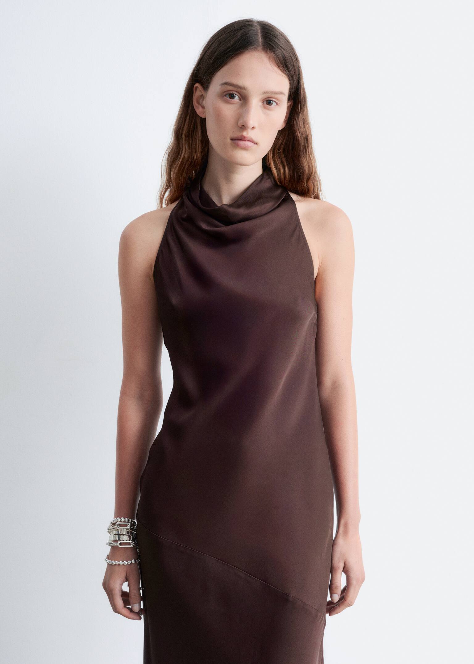 Cowl-Neck Satin Midi Dress - Dark Brown - 3