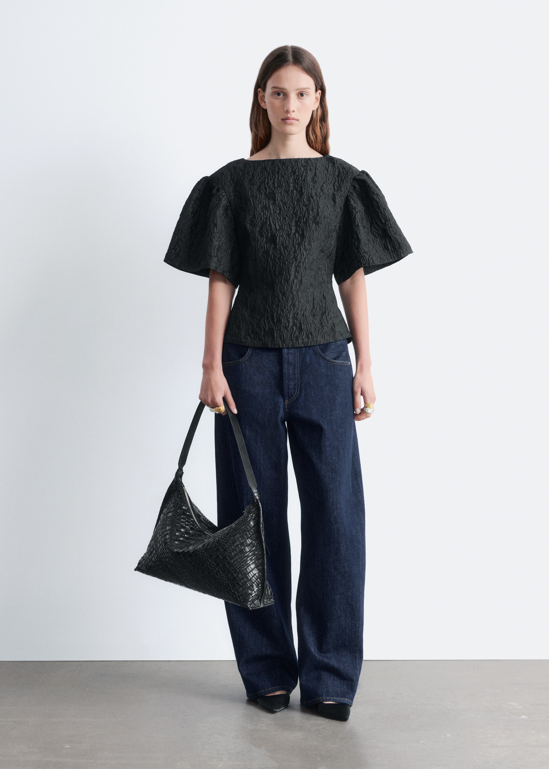 View larger image: Jacquard Puff-Sleeve Top - Black | H&M GB 1
