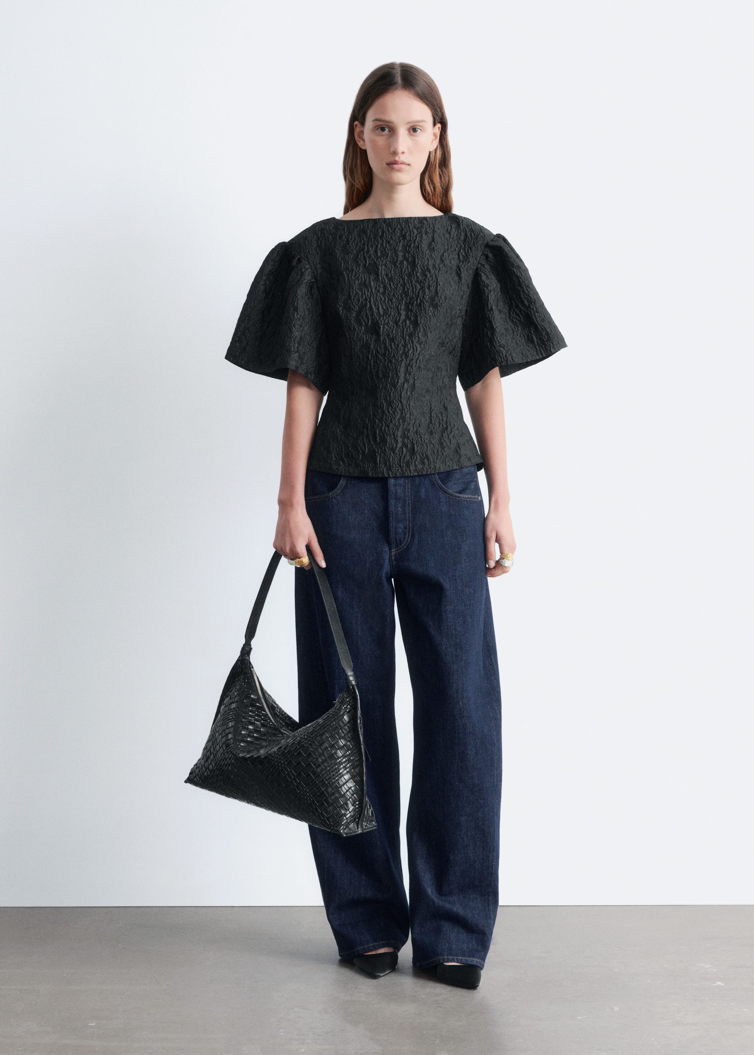 Image of Jacquard Puff-Sleeve Top