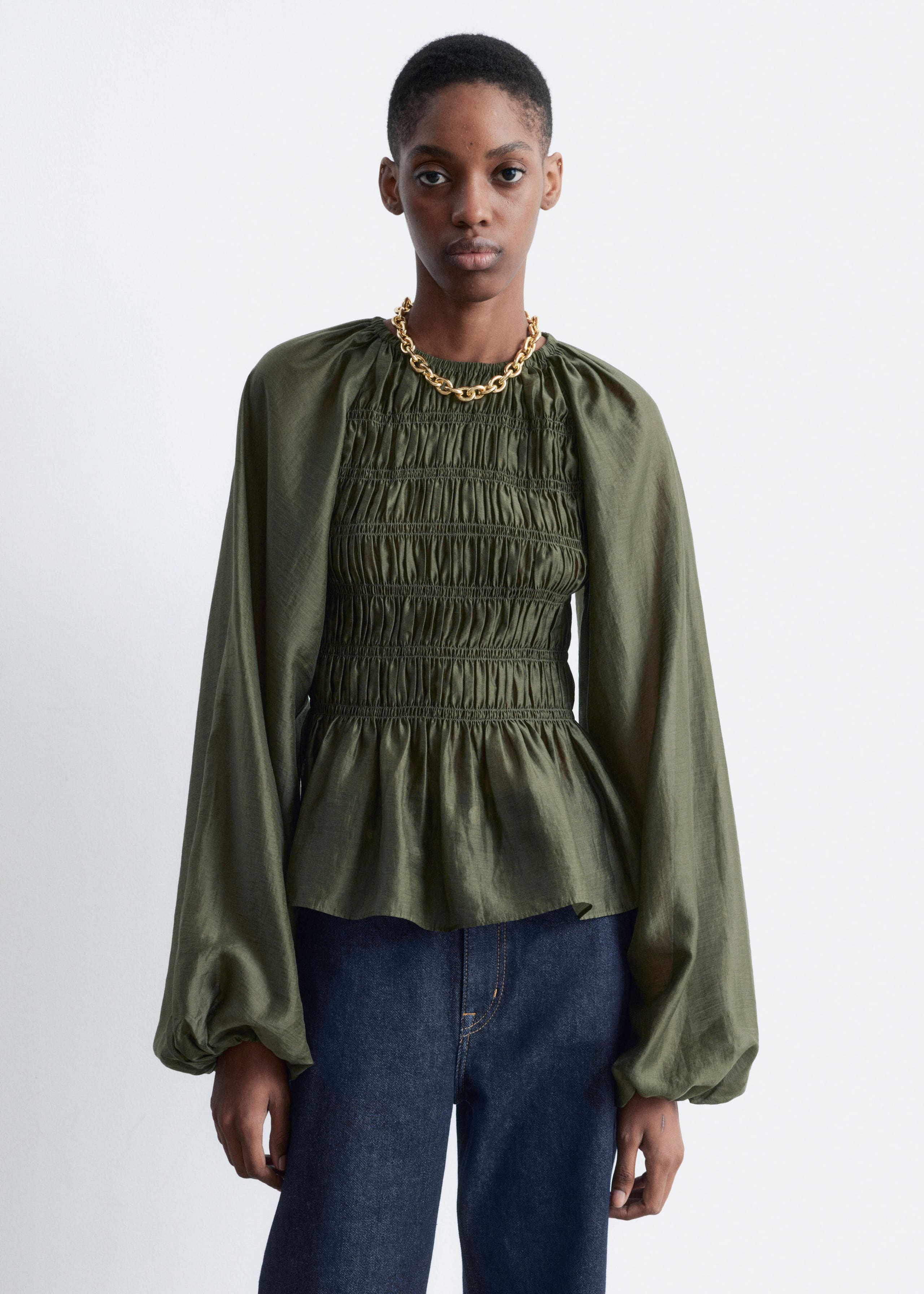 Image of Balloon-sleeve Smocked Blouse