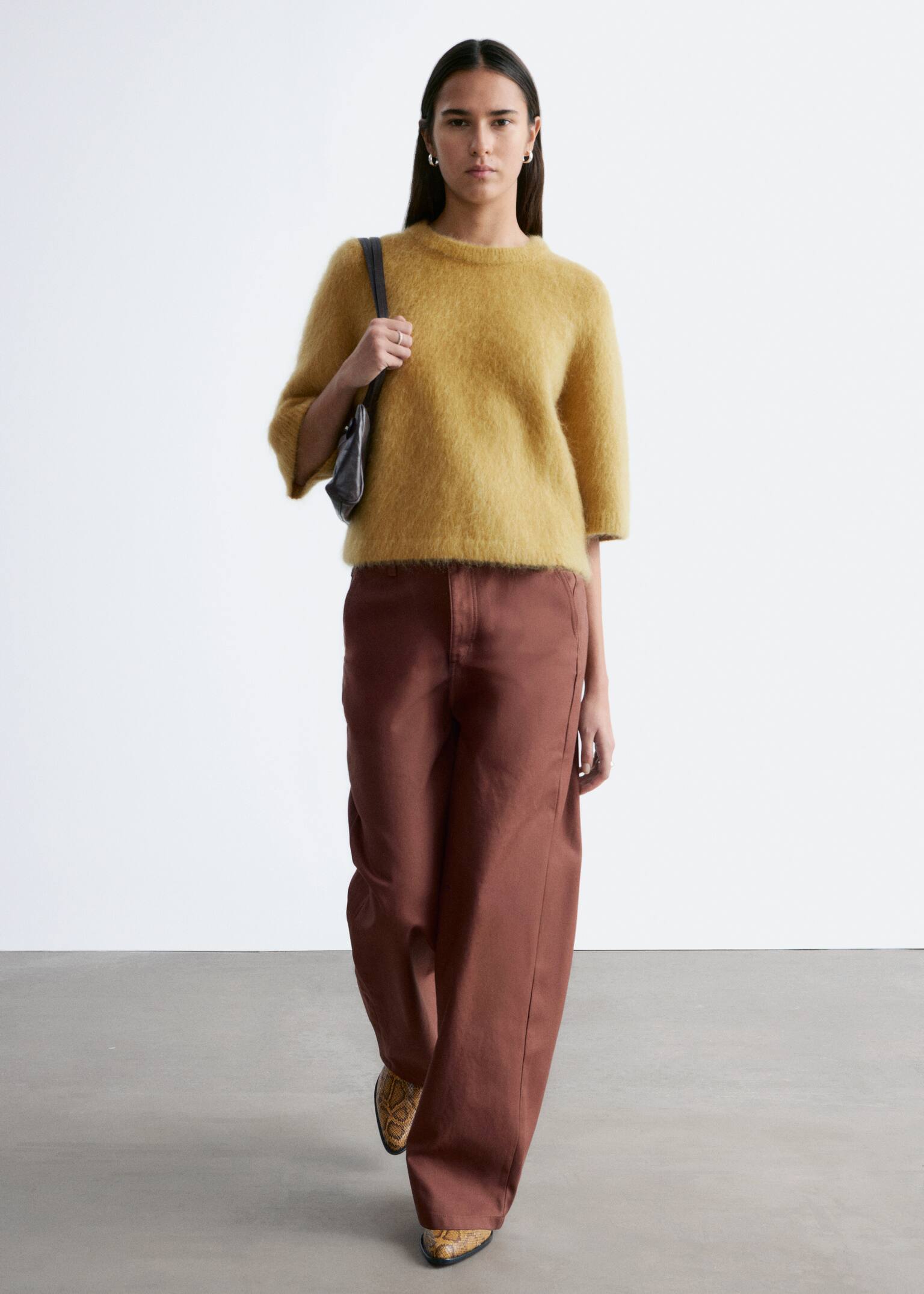 Gebreid T-shirt van een mohairmix - Donkergeel/Rood/Crème/Bruin - 5