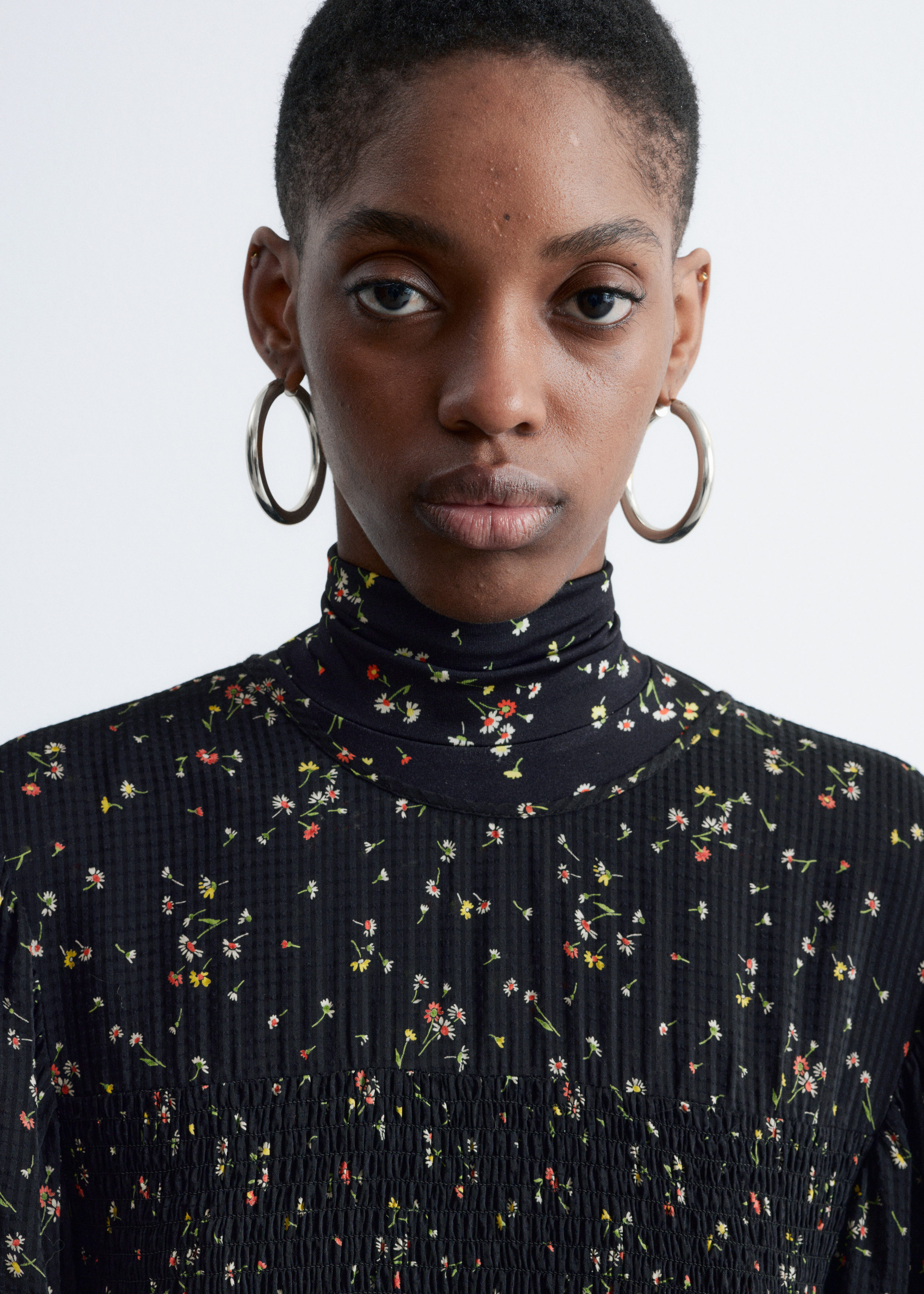 Smocked Balloon-Sleeve Midi Dress - Black/Floral Pattern - & Other