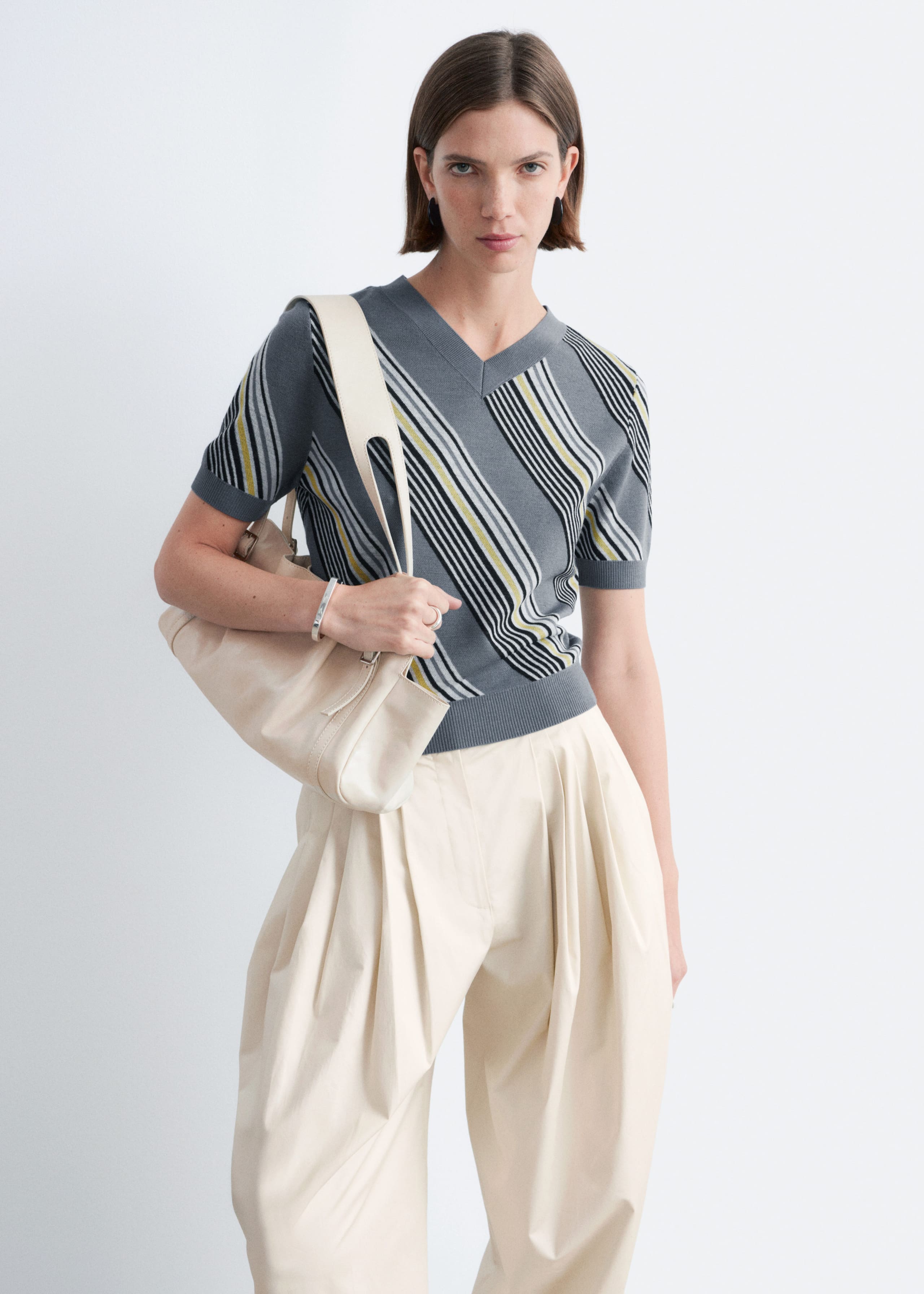 Image of Striped V-Neck Wool T-Shirt