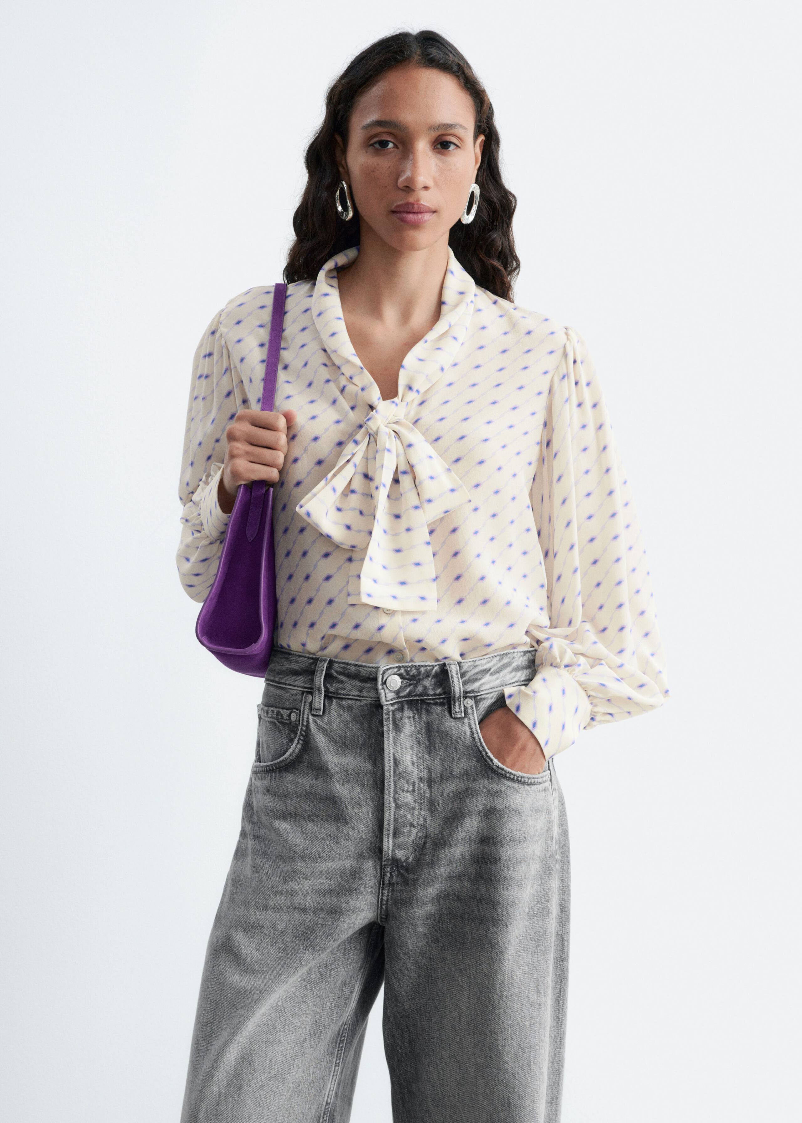 Printed Silk Scarf Blouse - Beige/Blue Print - Lookbook