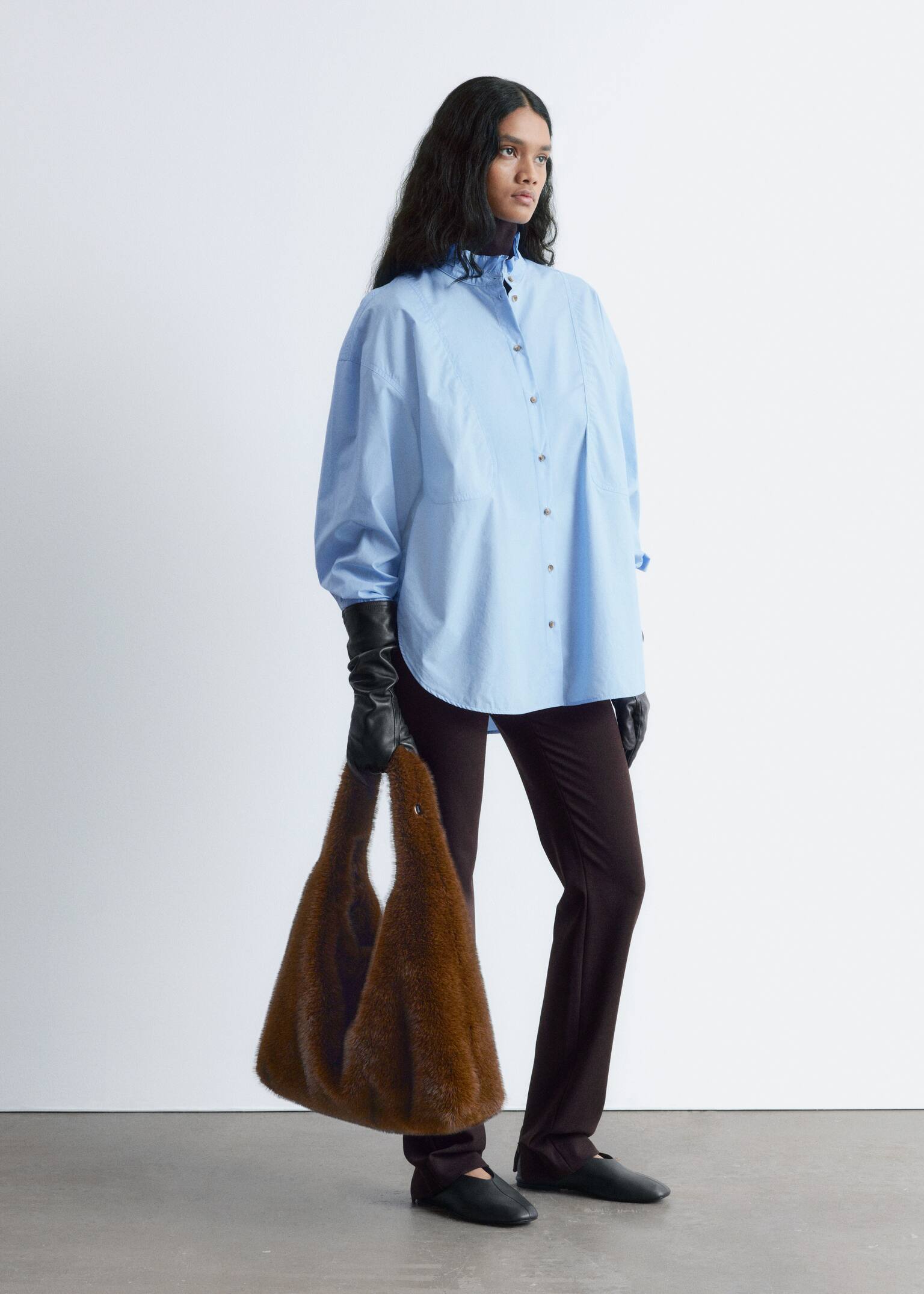 Long Stand-Collar Cotton Shirt - Light Blue/White - 3