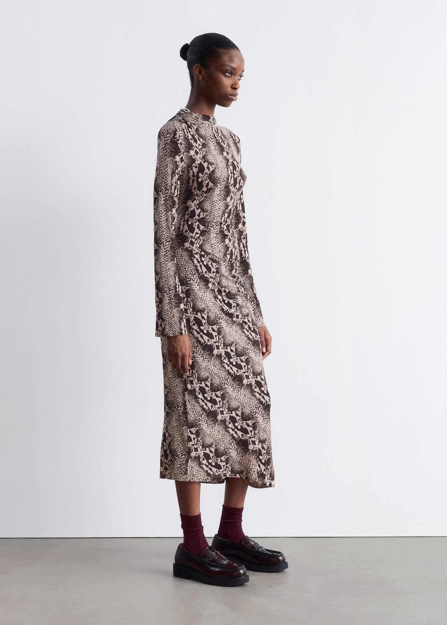 Gathered Midi Dress - Beige Snake - 3