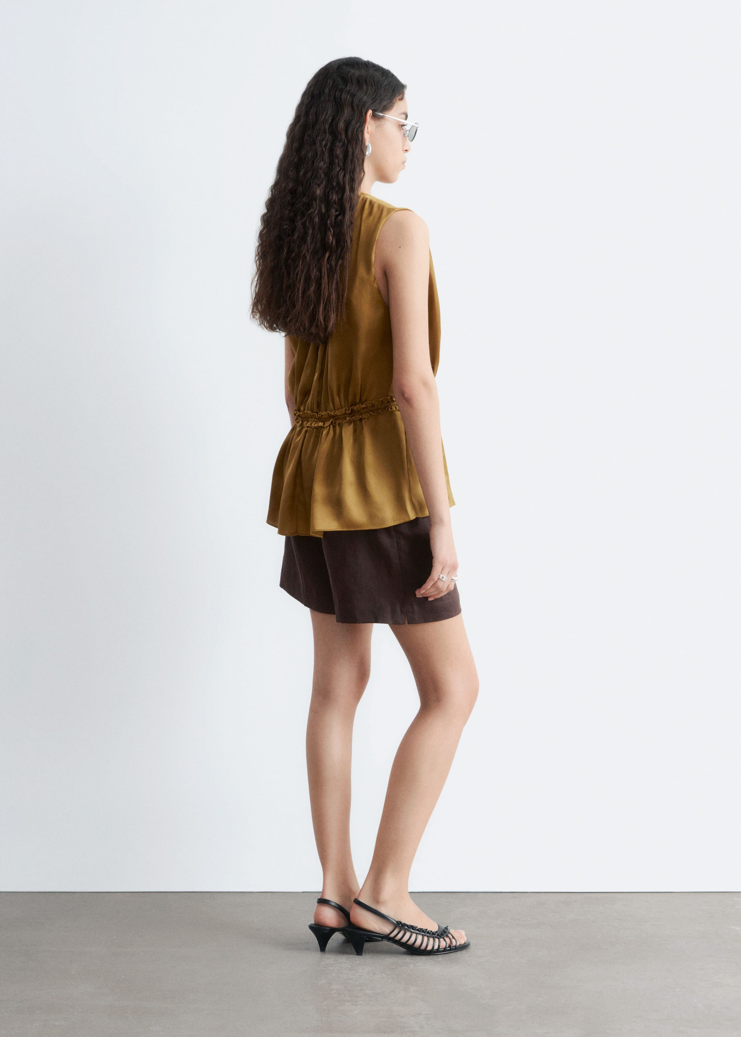 Sleeveless Silk Frill Top - Brown - Lookbook