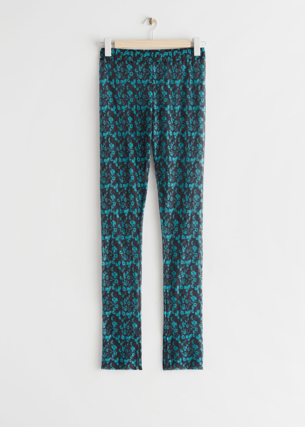 Printed Side Slit Leggings - Blue Florals - Still Life