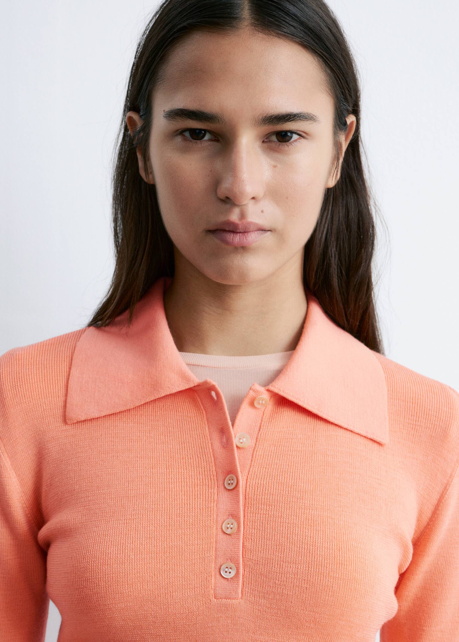 Žebrovaný polo top z merino vlny - Peach/Tmavě hnědá/šedý melír - 7