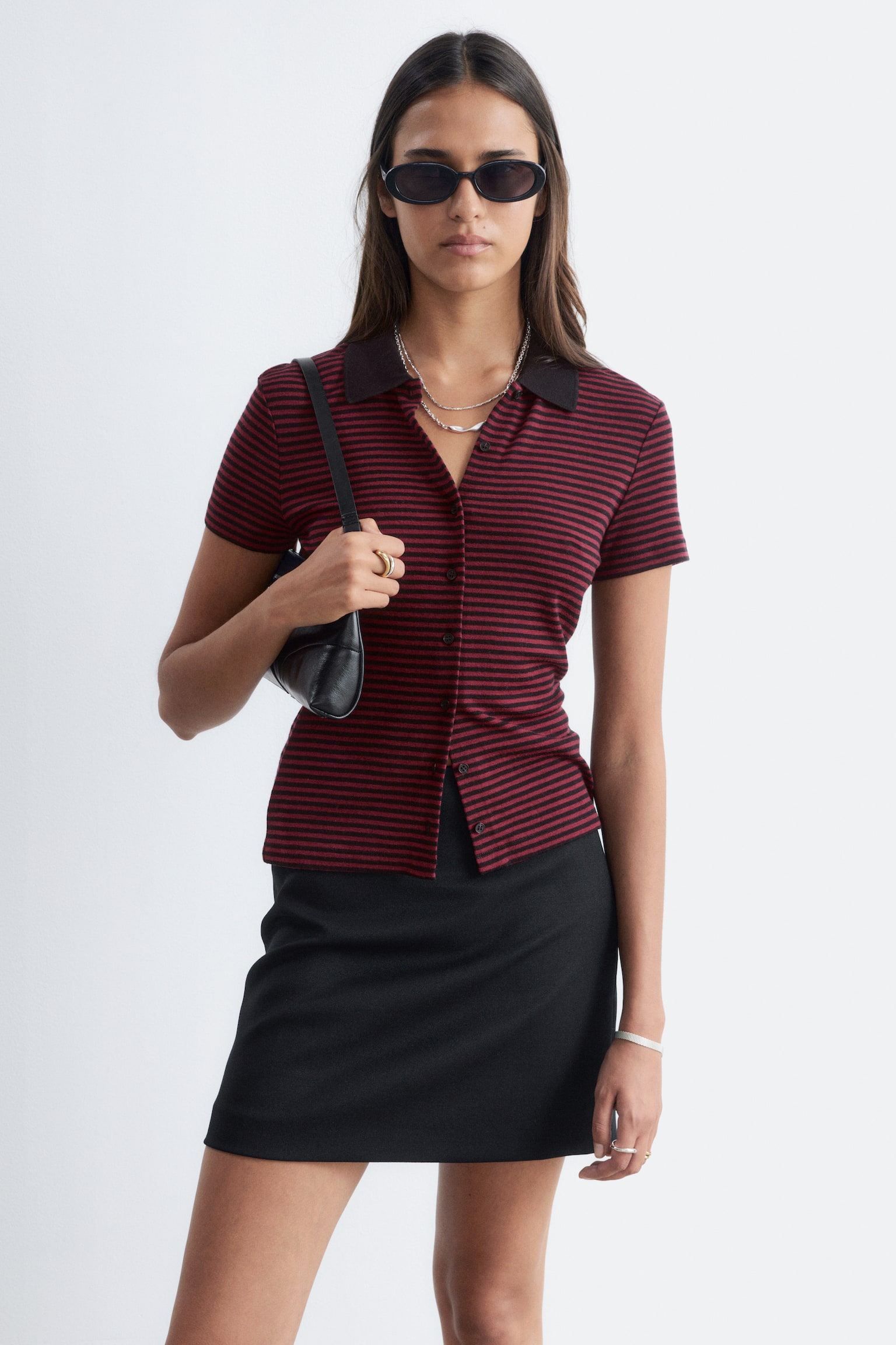 Camisola de malha jersey com botões - Vermelho-escuro/Riscas/Cinza/Preto - 1