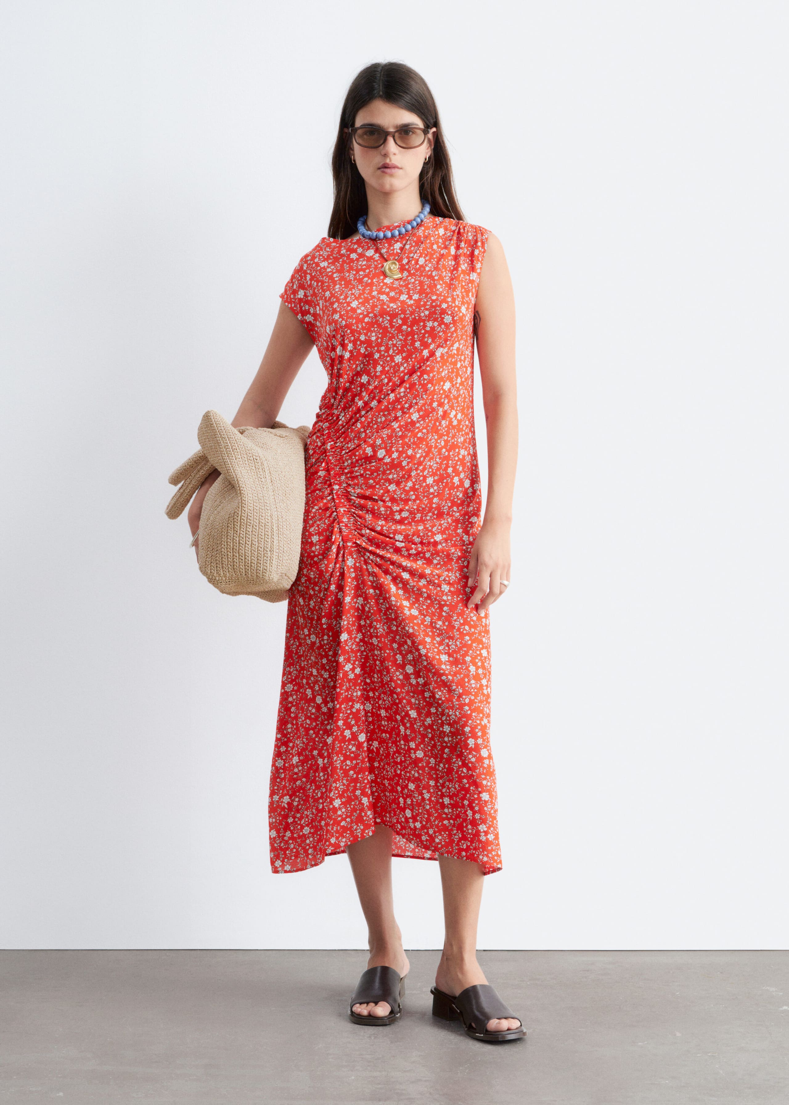 Boat-Neck Midi Dress - Red/Florals - Lookbook