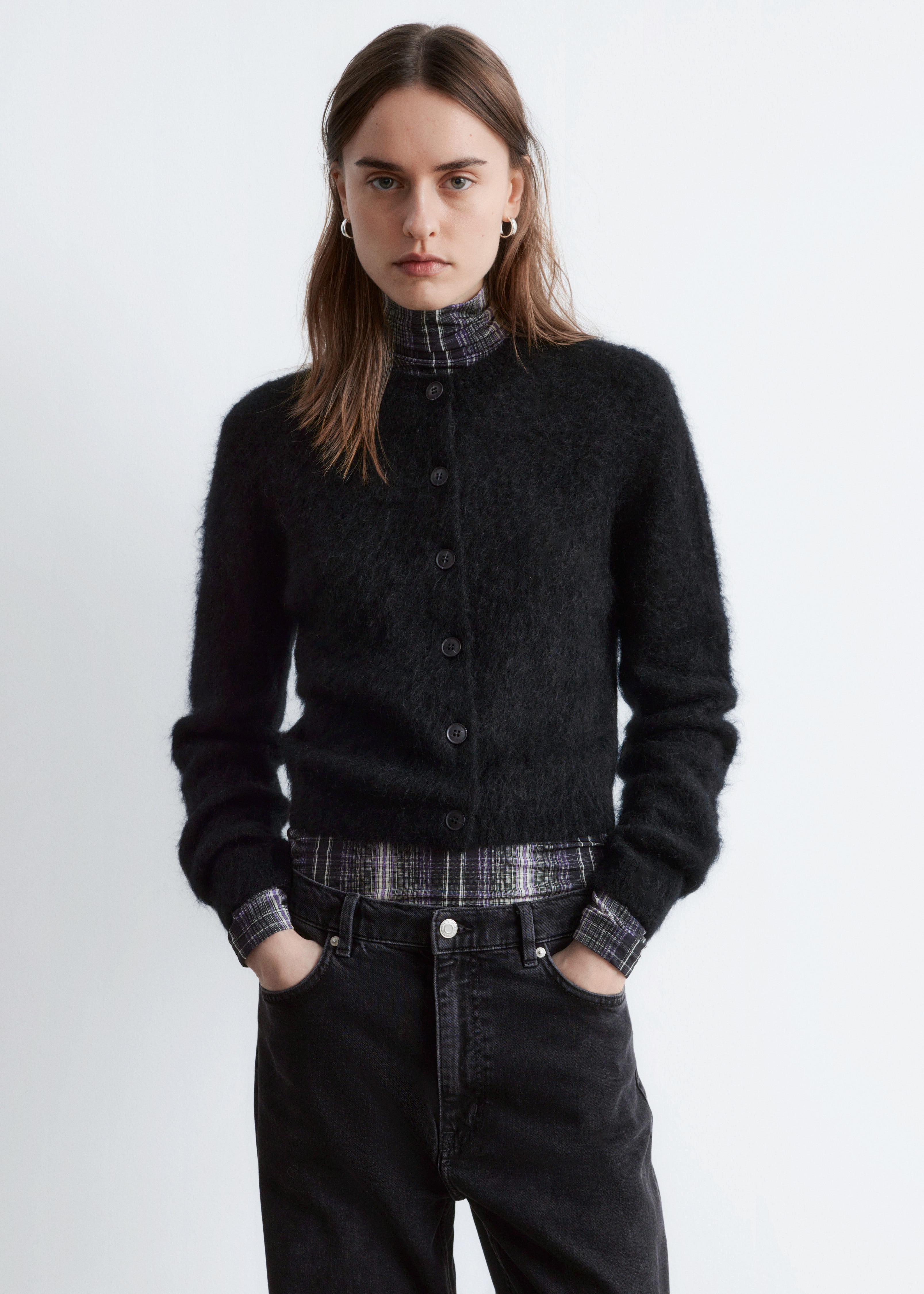 Borstad kofta i mohairblandning - Svart/Kamel/Ljusturkos/Persika