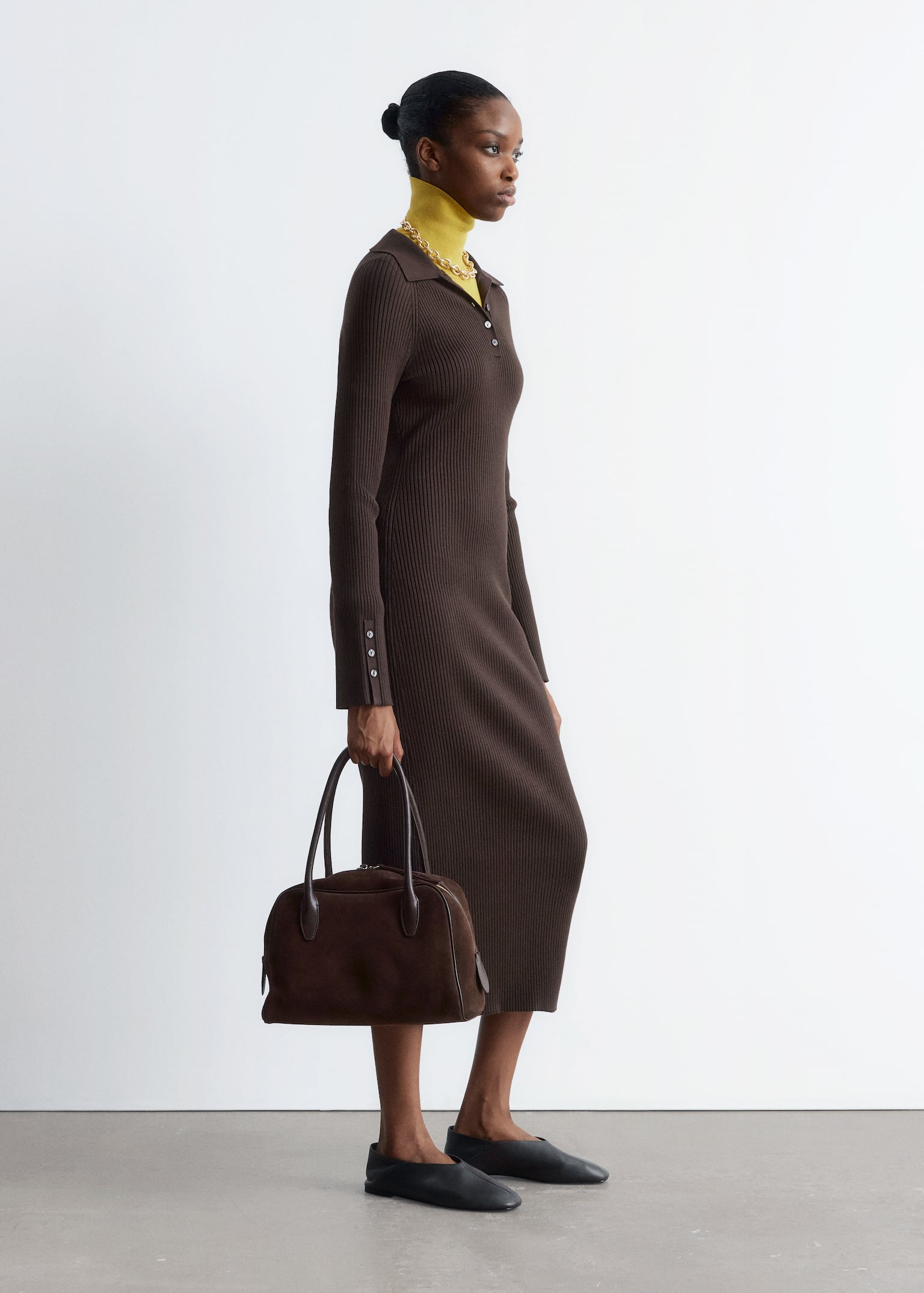 Rib-Knit Polo Midi Dress - Dark Brown/Dark Beige - 6