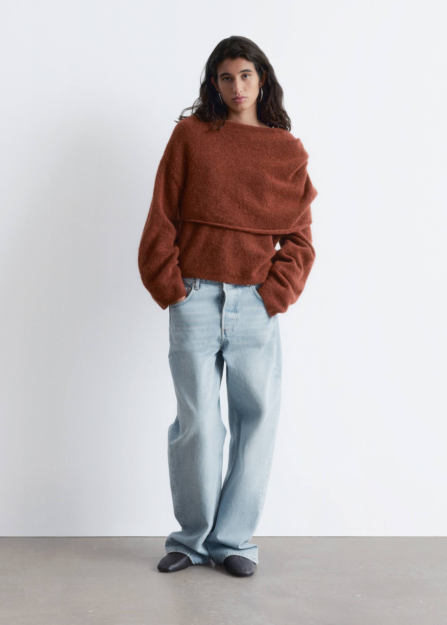 Pull cape en maille - Brun rouille/Gris foncé - 3