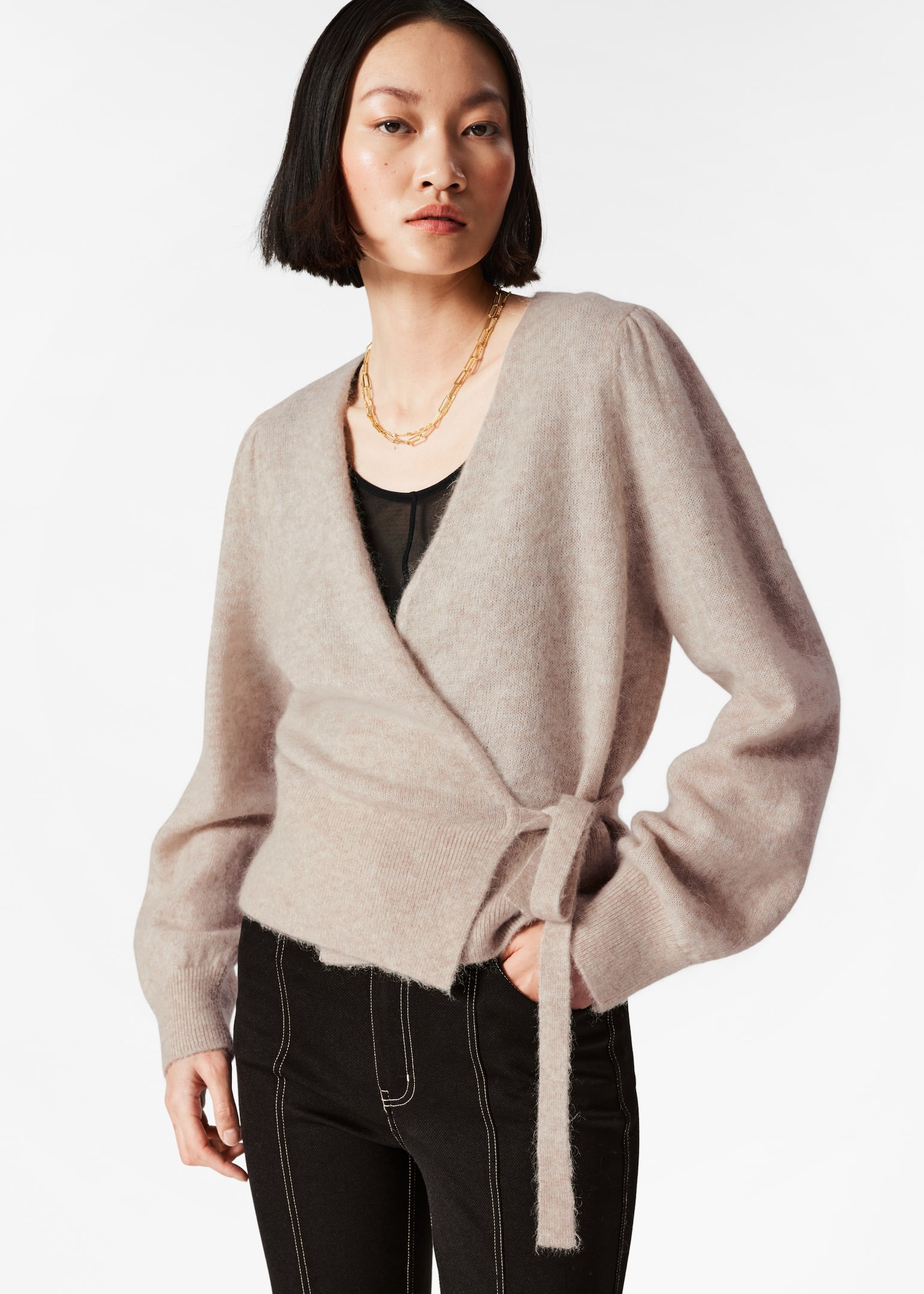 Mohair-Blend Knitted Wrap Cardigan - Beige/Azul petróleo/Rosa empolvado/Negro/Ciruela