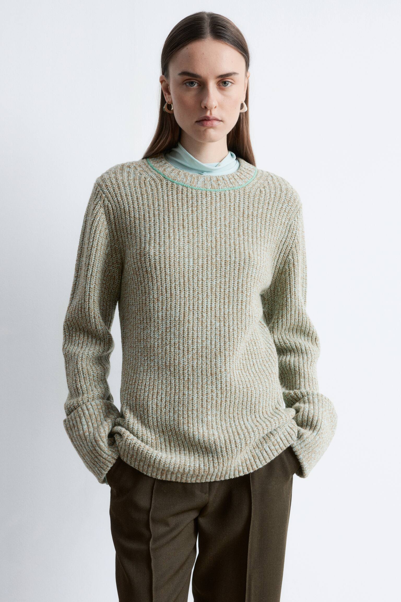 Vlněný svetr s ozdobným prošitím - tyrkysová melange - 5