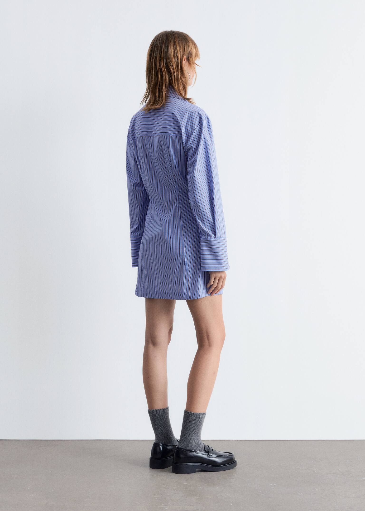 Rochie mini tip cămașă petrecută - Albastru Deschis/Maro Dungi/Dungi Roșu Închis/Roz - 3