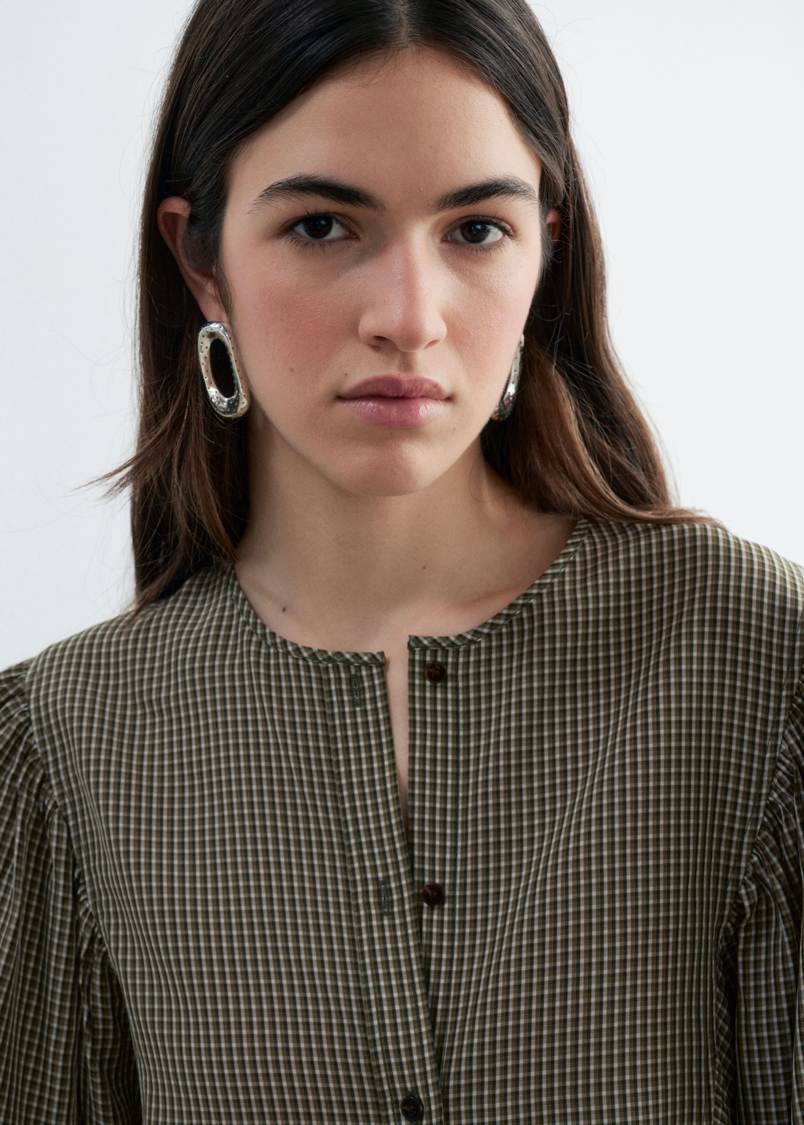Gathered Cotton Blouse - Grey/Green/Checked - Lookbook
