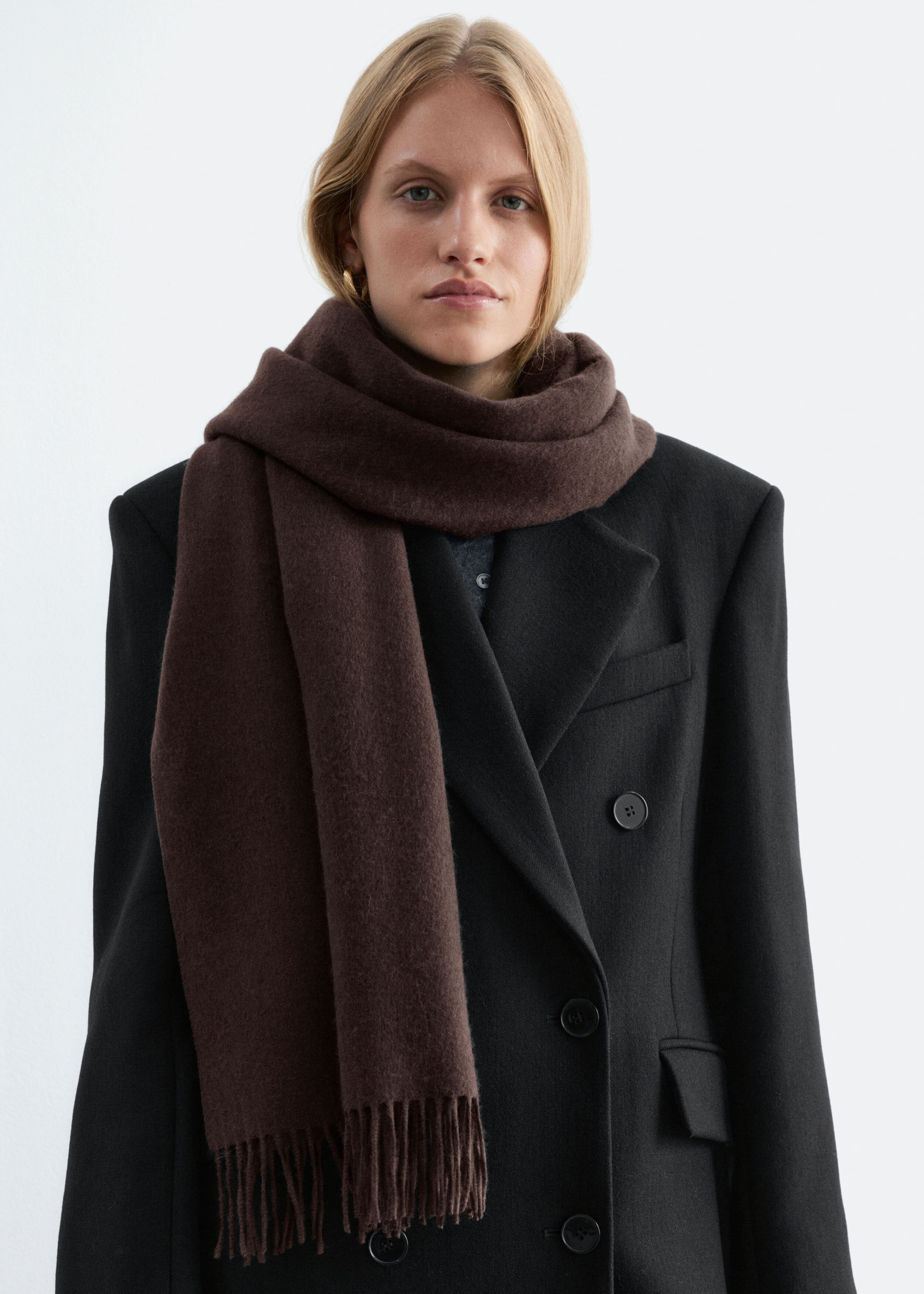 Fringed Wool Blanket Scarf - Cream - Lookbook