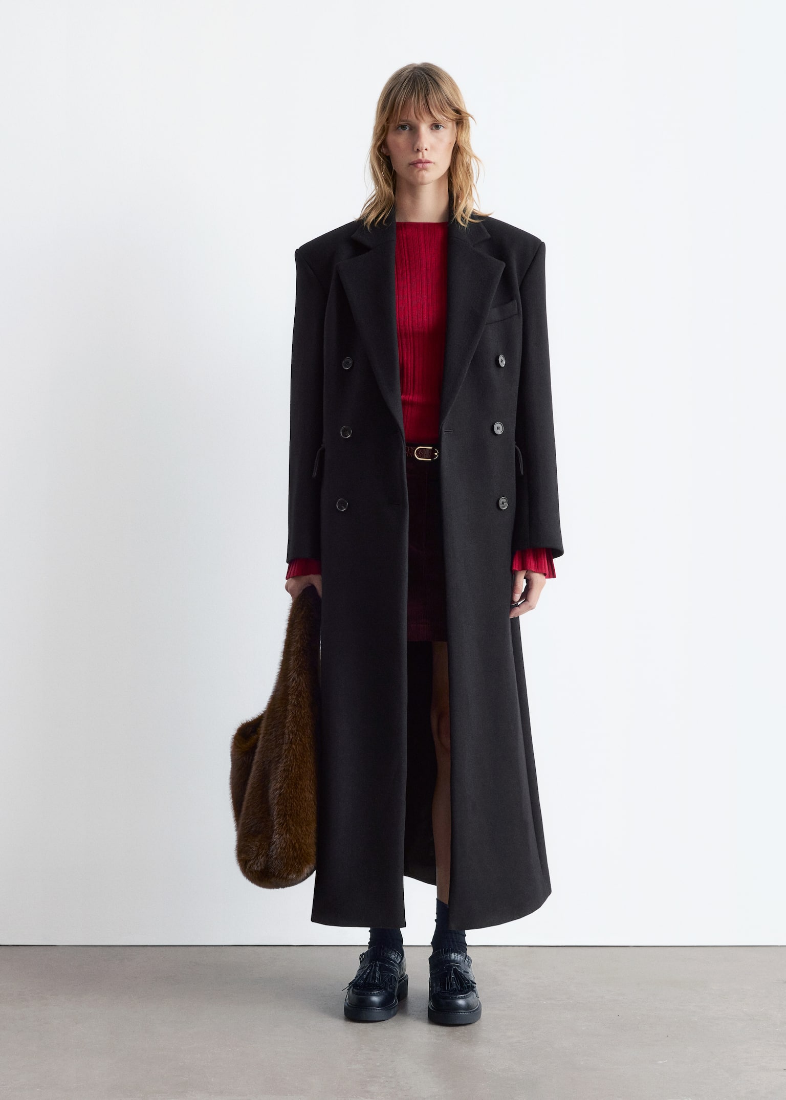 Long Wool Coat - Noir/Gris chiné