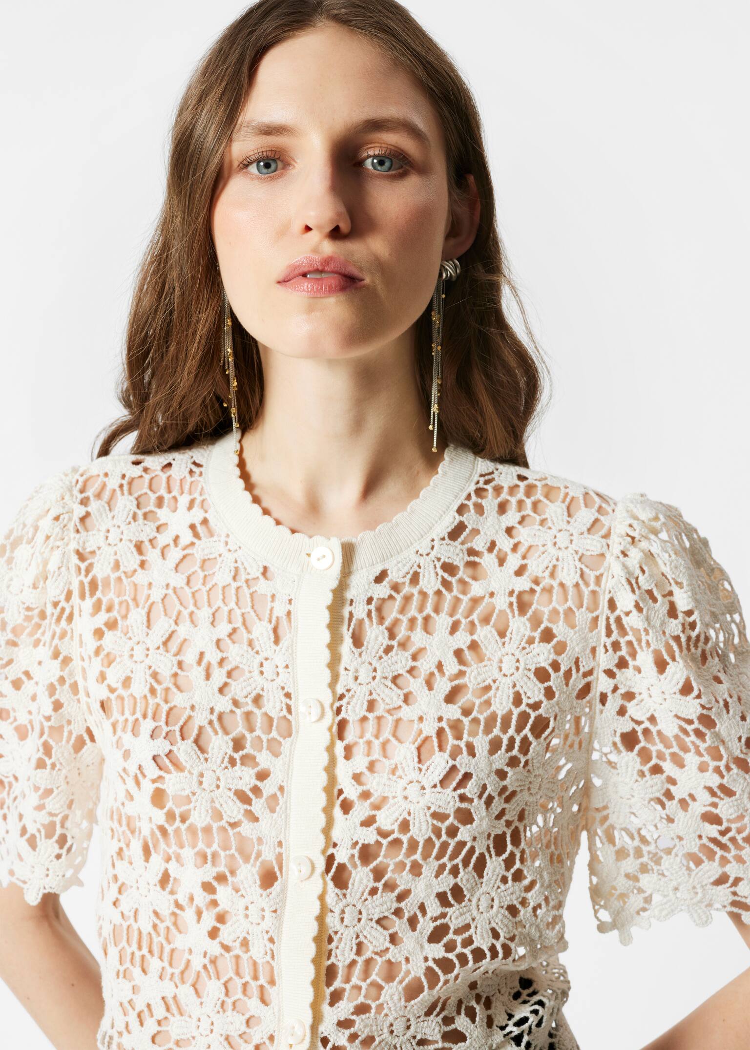 Cardigan Croșetat cu Mâneci Scurte - Alb/Negru - 3