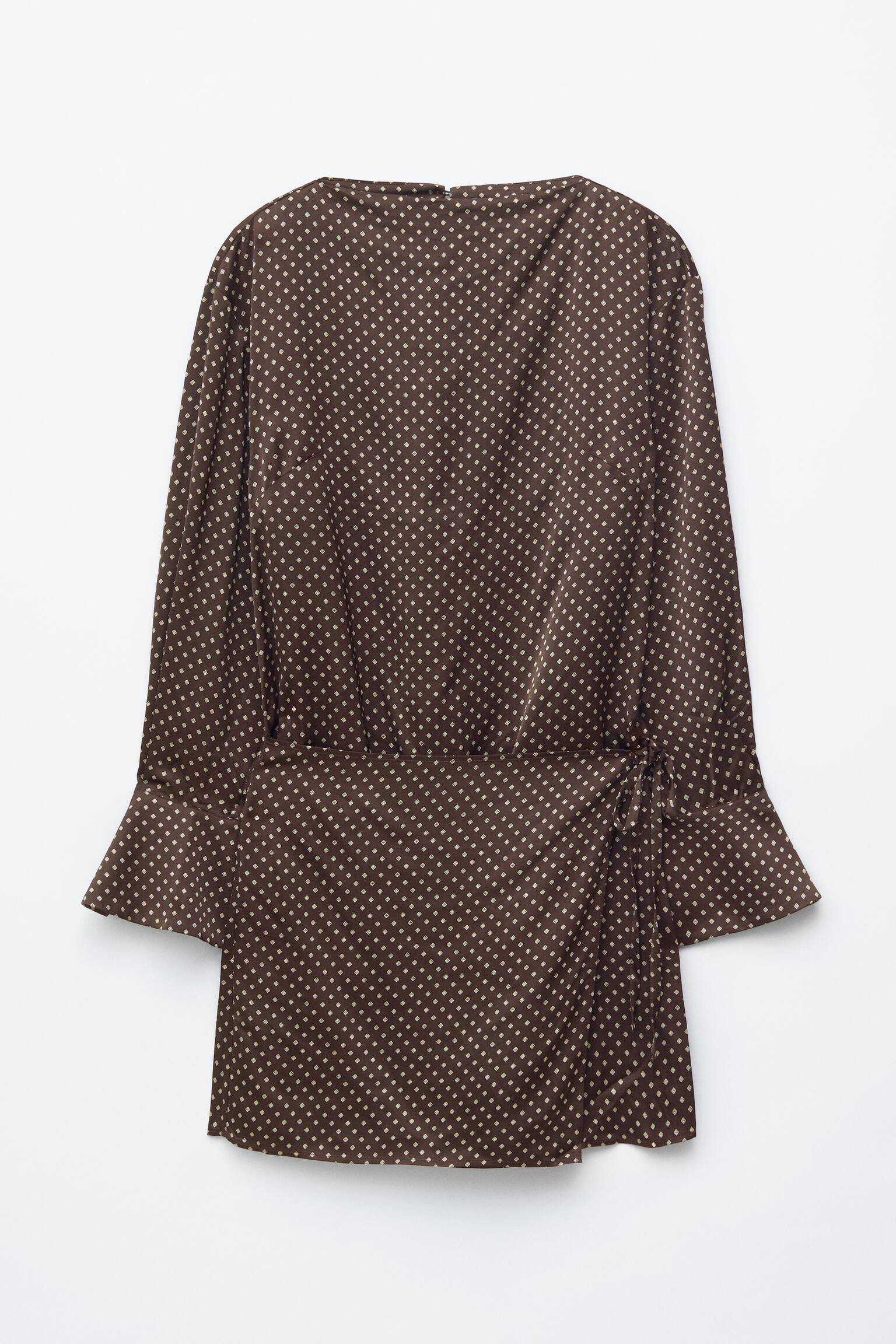 Mini-jurk van satijn met striksluiting - Donkerbruine/witte stippen/Groen - 2