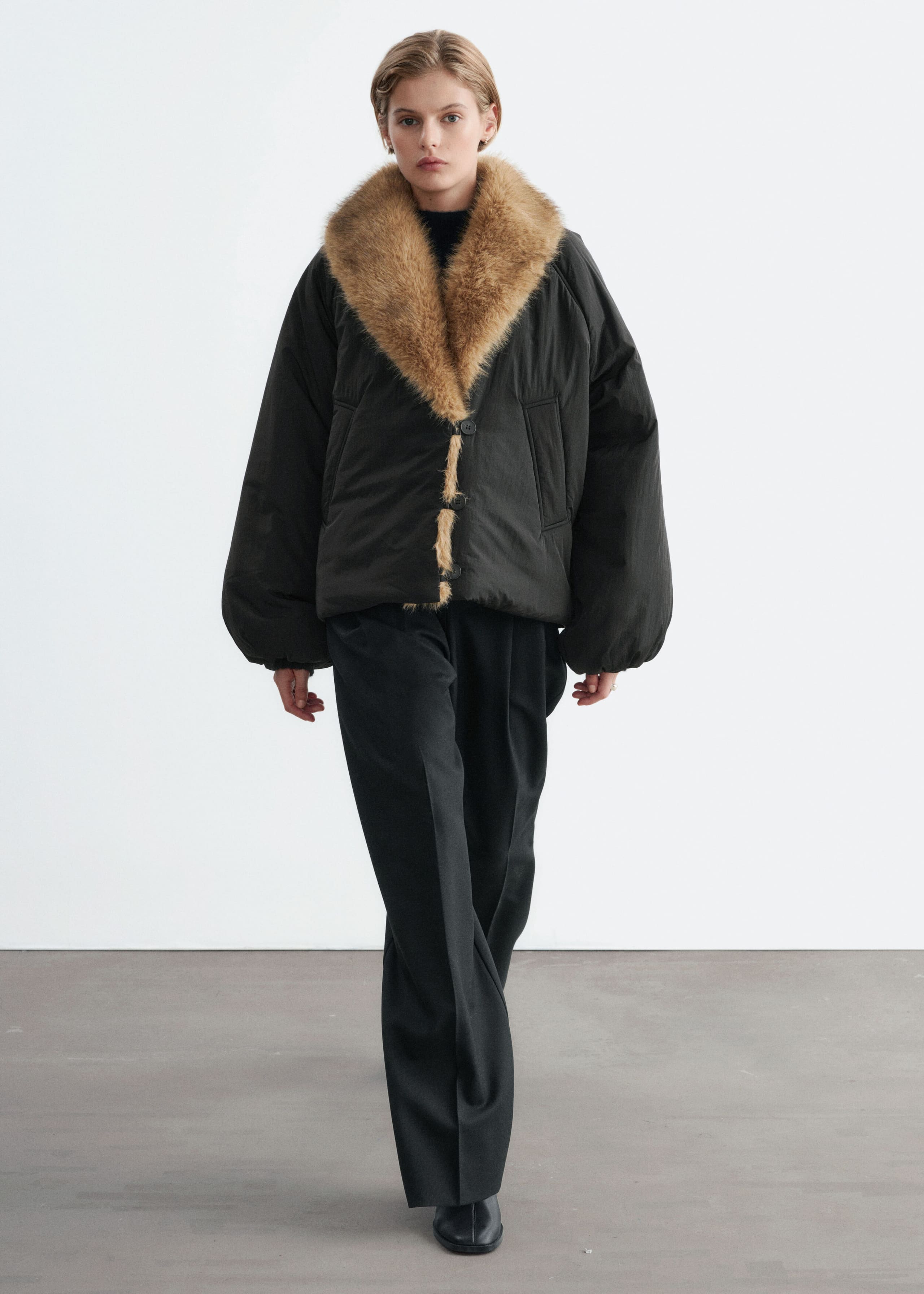 Faux Fur Collar Jacket - Black - Lookbook