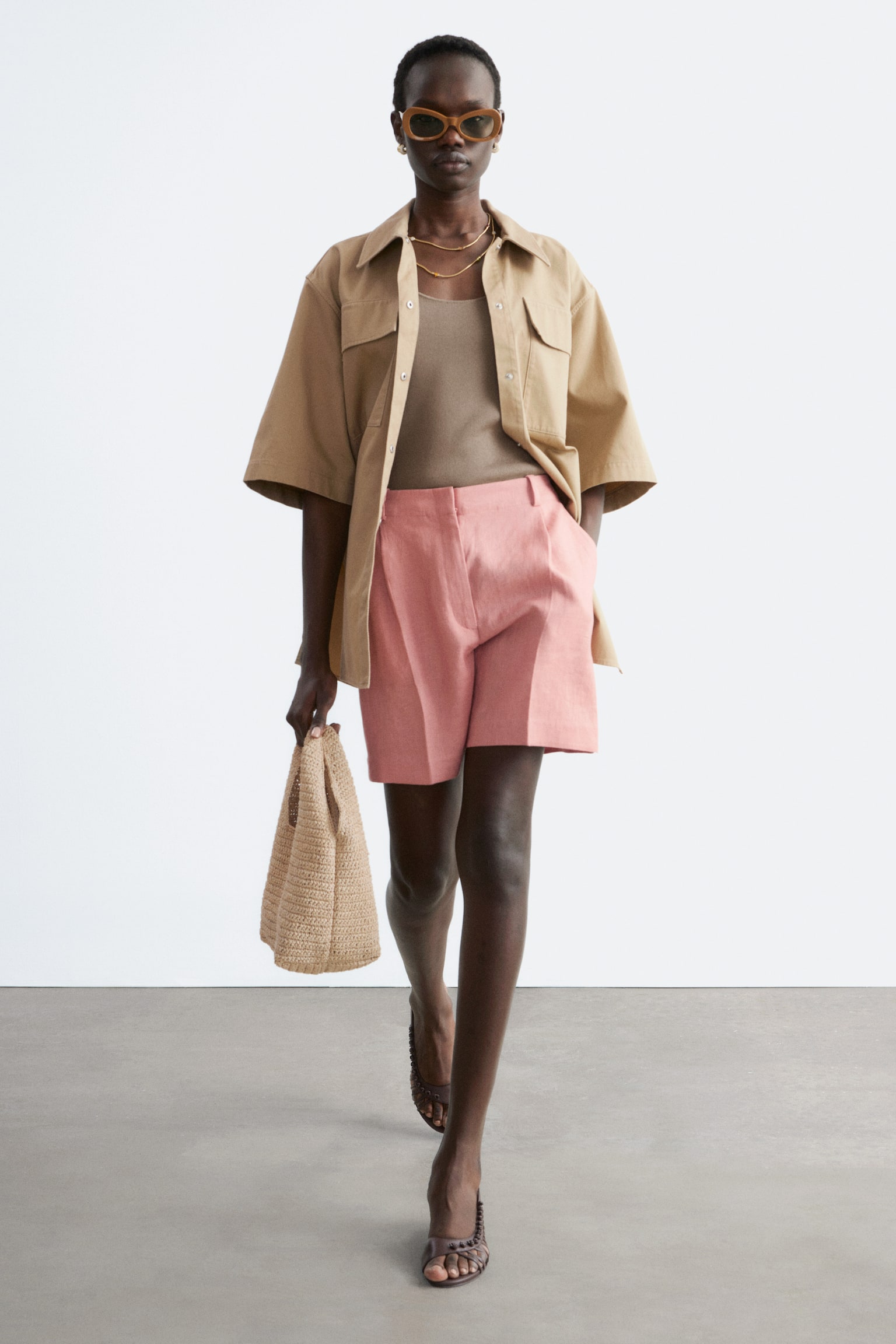 Șorturi Plisate Din In - Taupe Cald/Bej/Maro Închis - 4