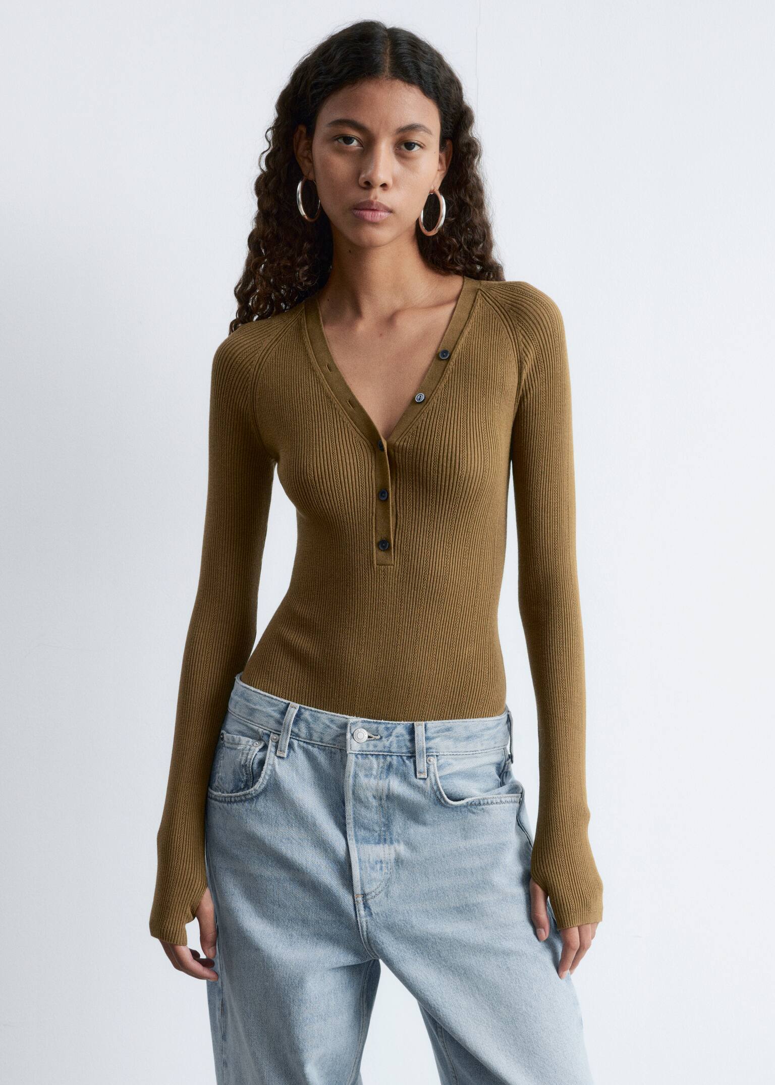 Long-Sleeve Rib-Knit Bodysuit - Olive Brown/Dark Brown/White - 6