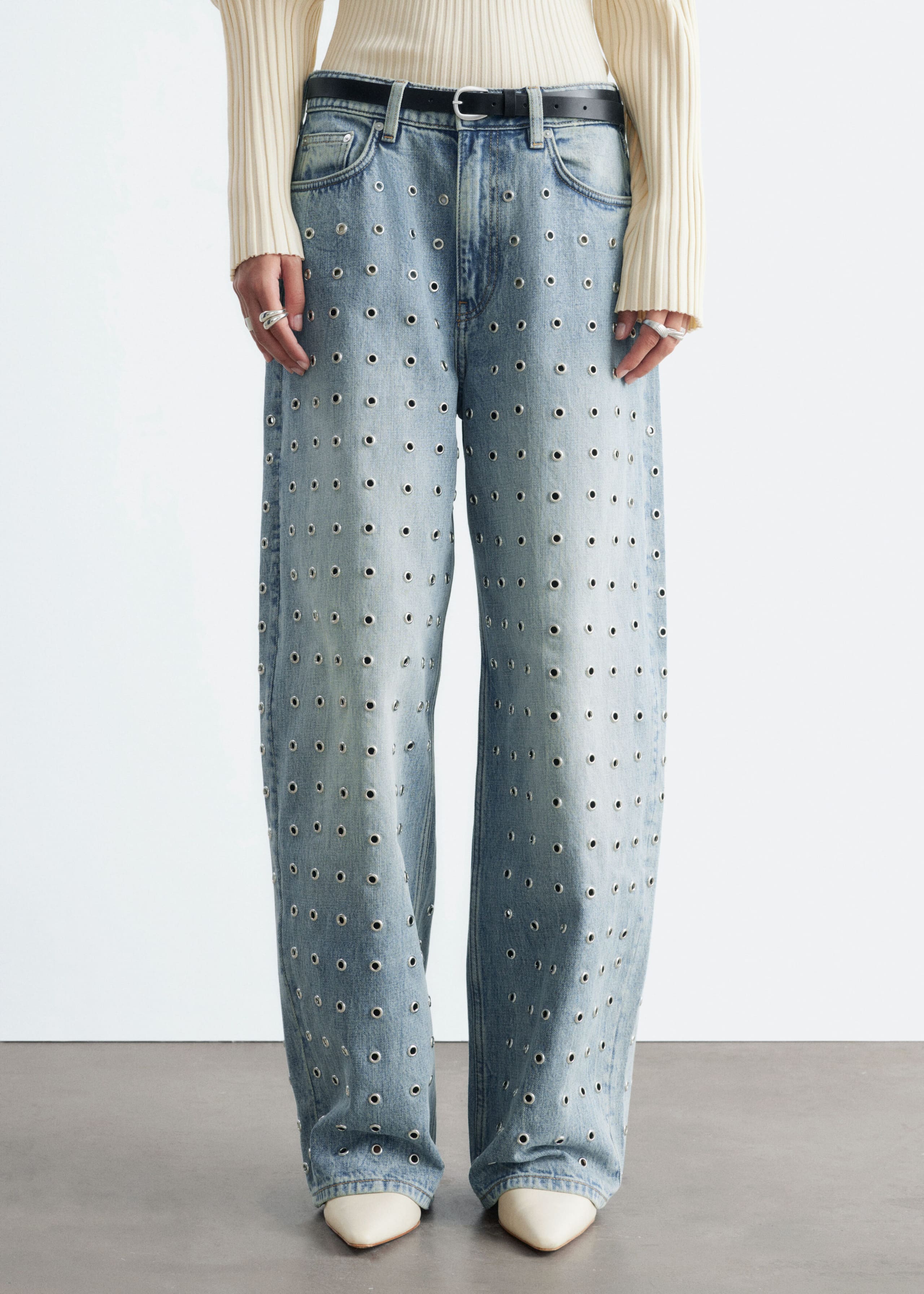 Wide-Leg Eyelet Jeans - Dusty Light Blue - Lookbook
