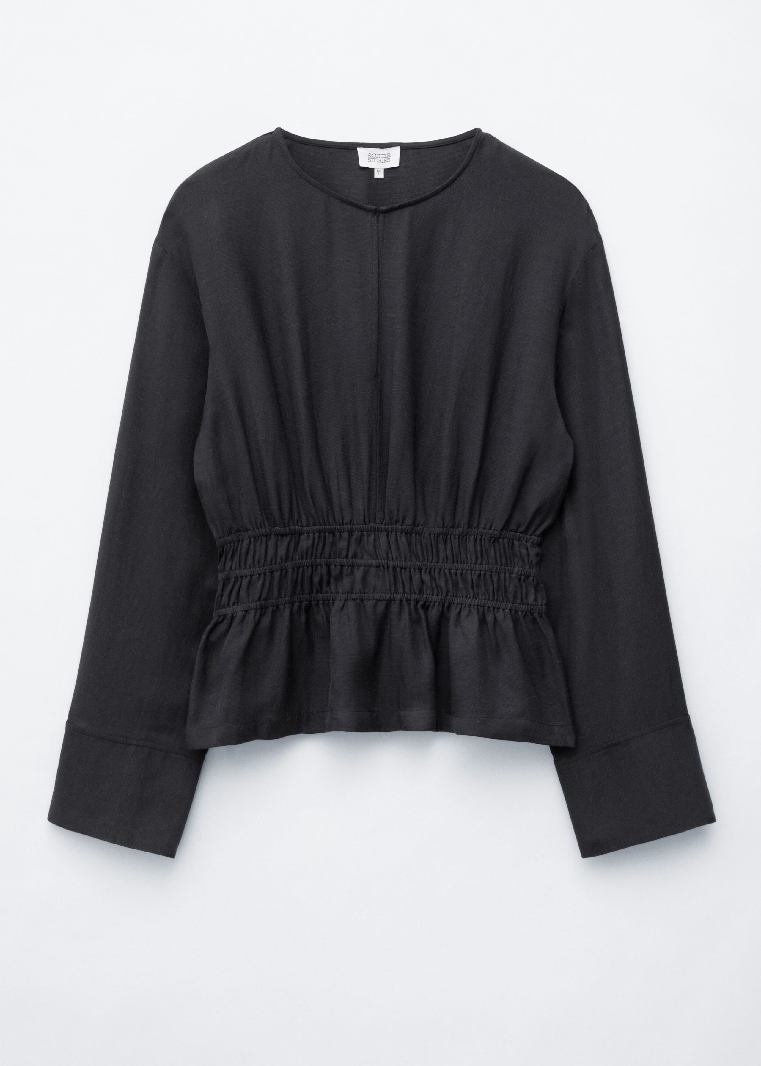 Blusa in lino con lavorazione smock in vita - Nero - Natura morta