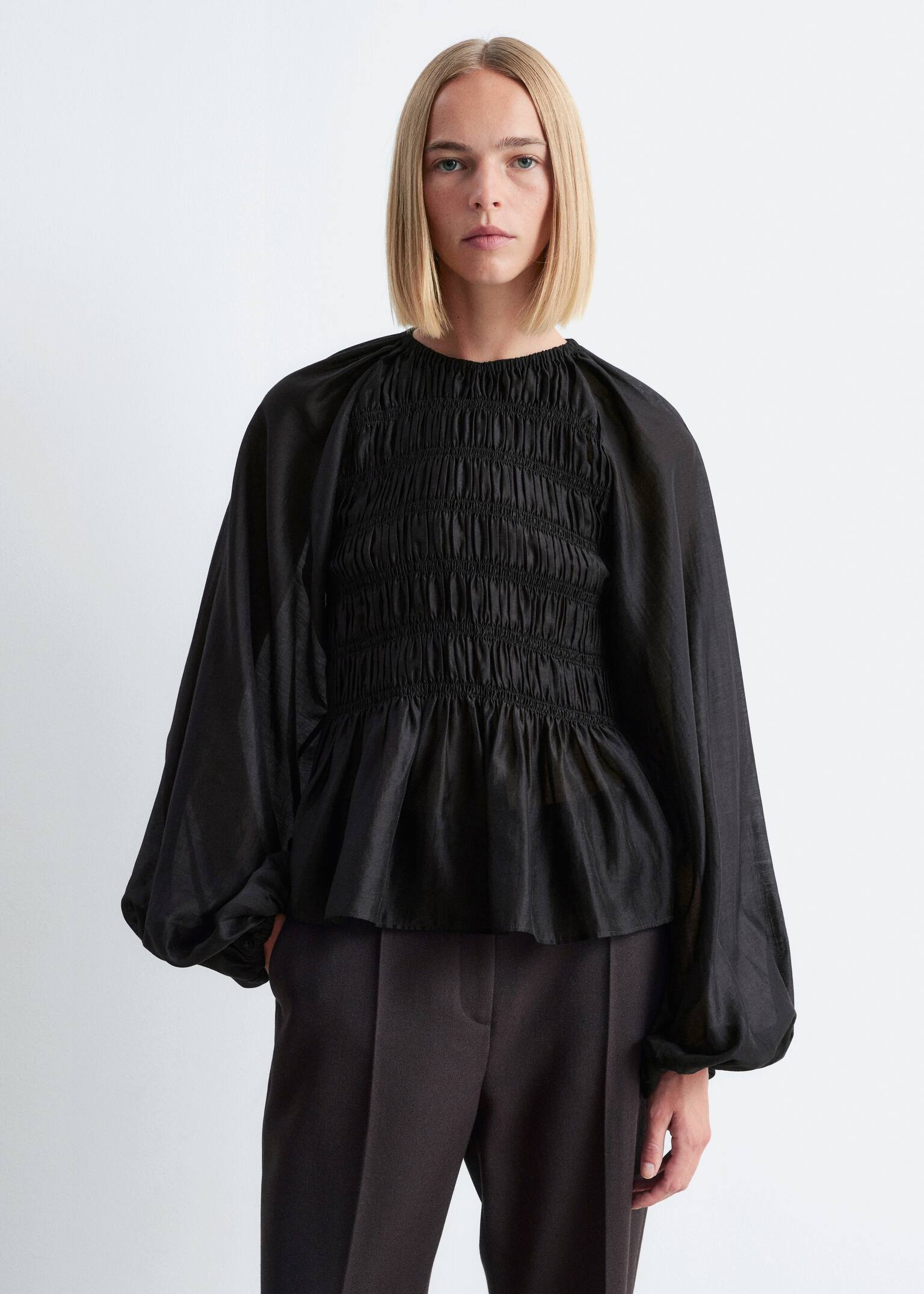 Gesmokte blouse met ballonmouwen - Black/Donkergroen