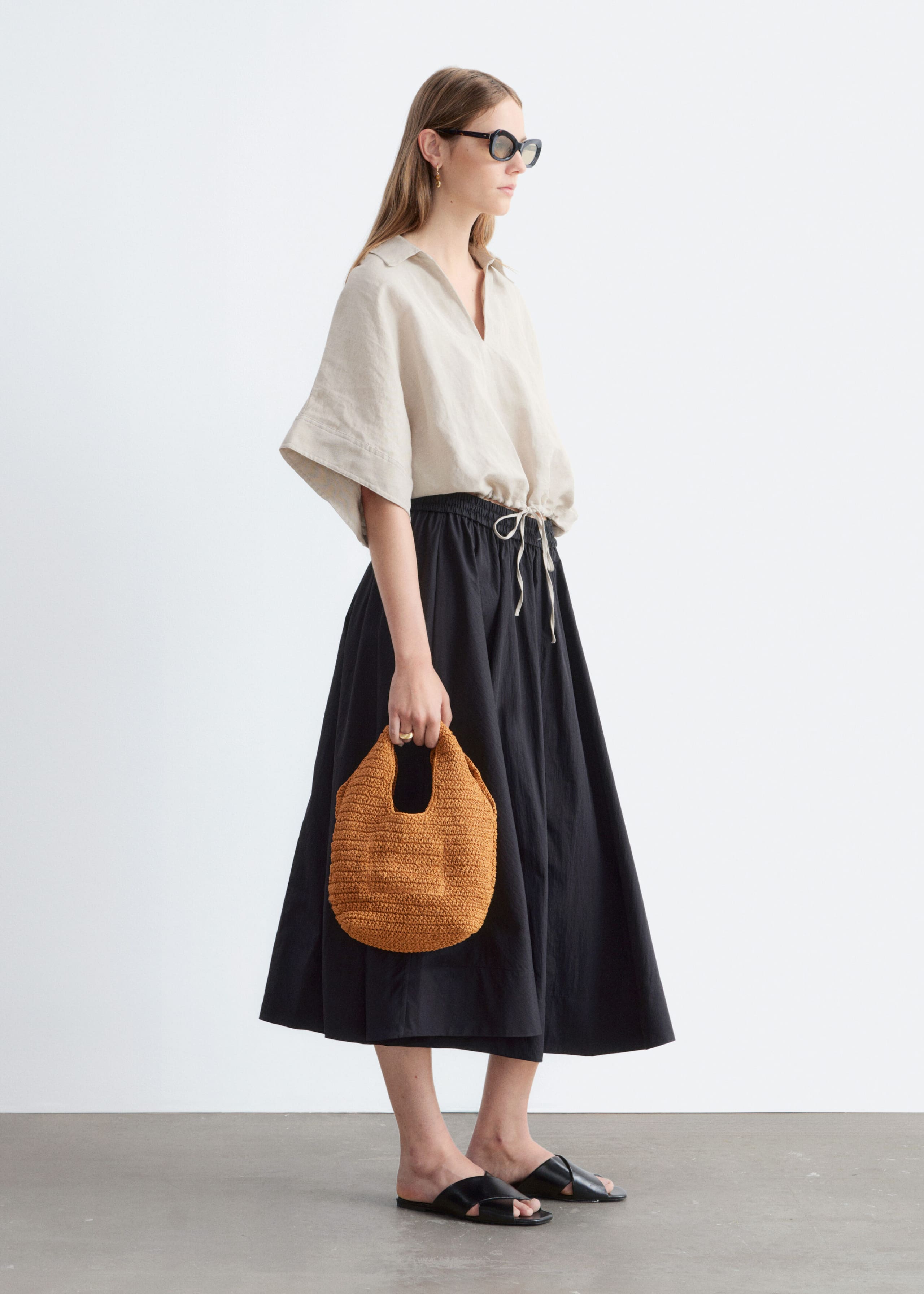 Drawstring Cropped Top - Beige - Lookbook